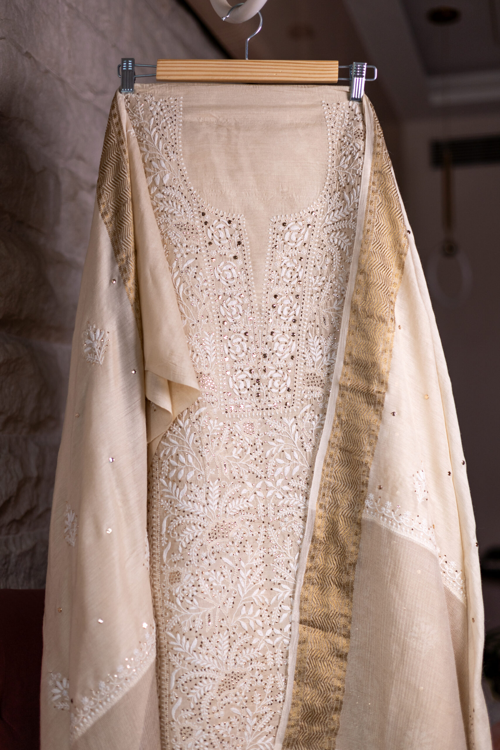 Sunehri Saaz | Golden Chikankari Muga Silk Kurta Set with Pita Mukaish Embroidery - Image 2