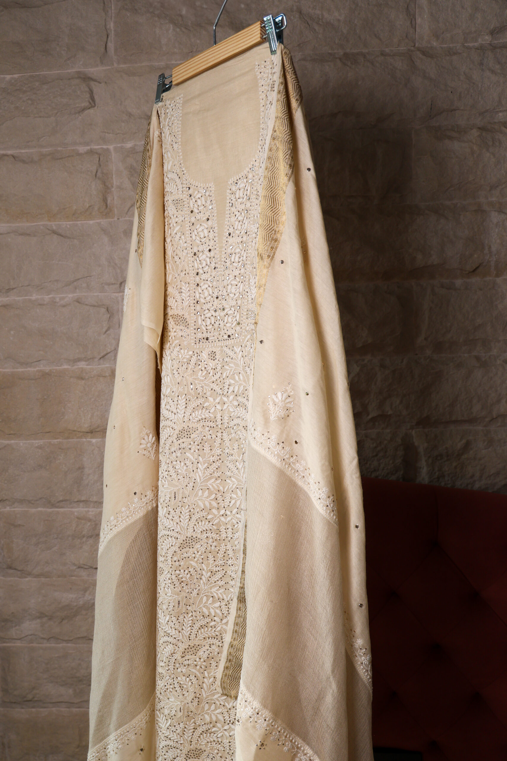 Sunehri Saaz | Golden Chikankari Muga Silk Kurta Set with Pita Mukaish Embroidery - Image 3