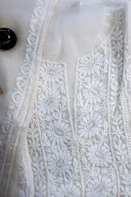 Sunlit Whisper Ivory Organza Silk Chikankari Set with Beads Work