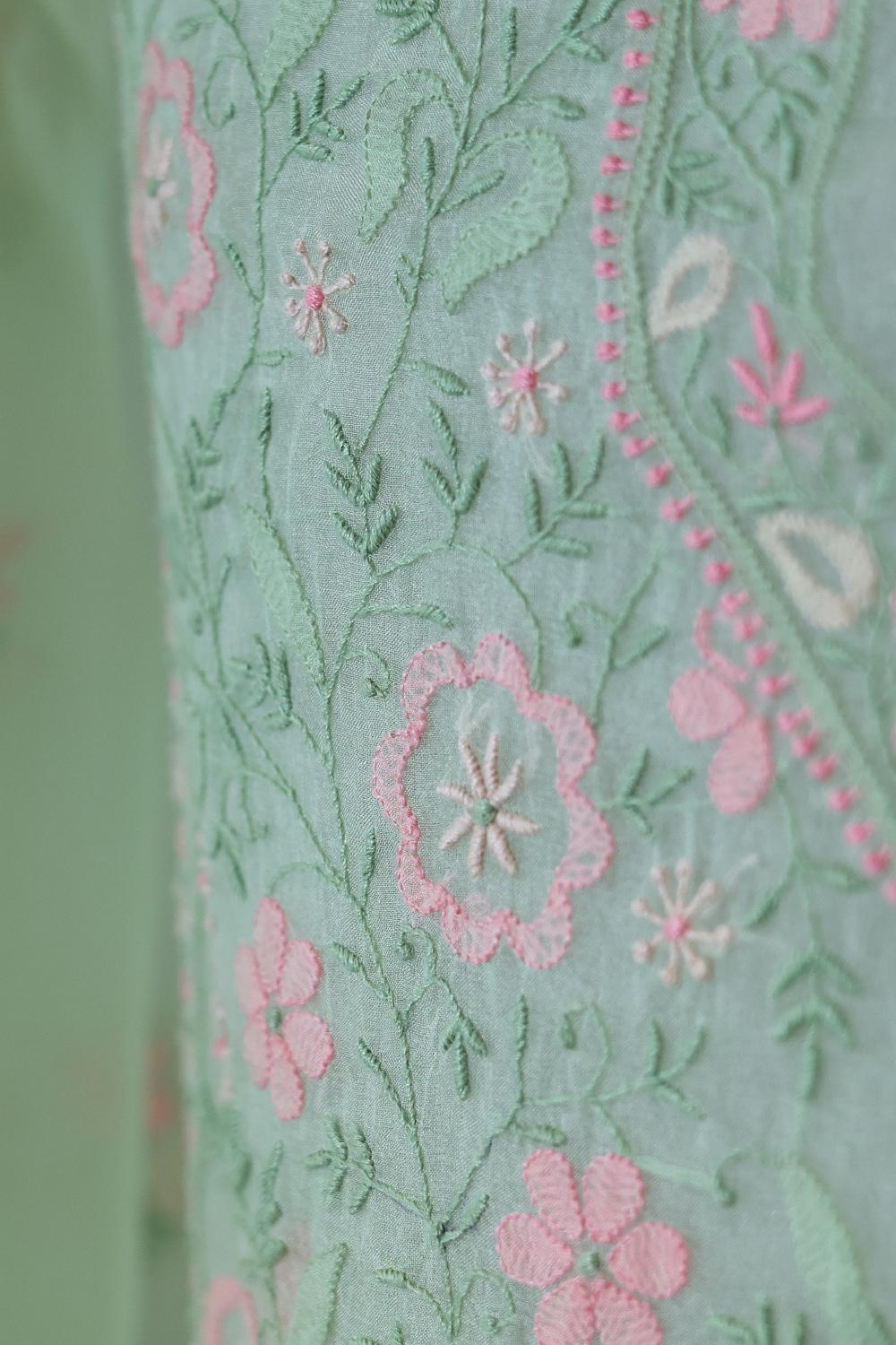 Blossom Mist | Mint Green Floral Chikankari Organza Silk Set - Image 3