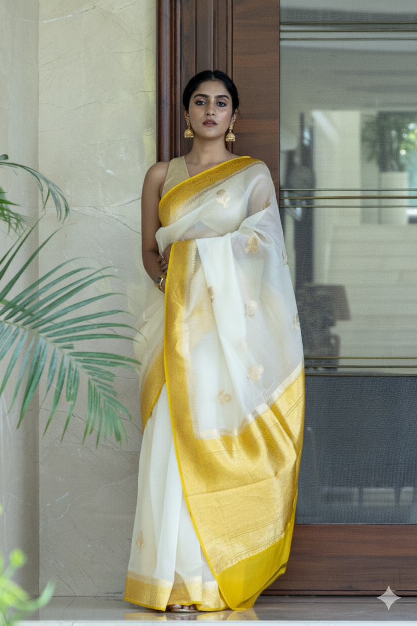 Yellow & white Saree