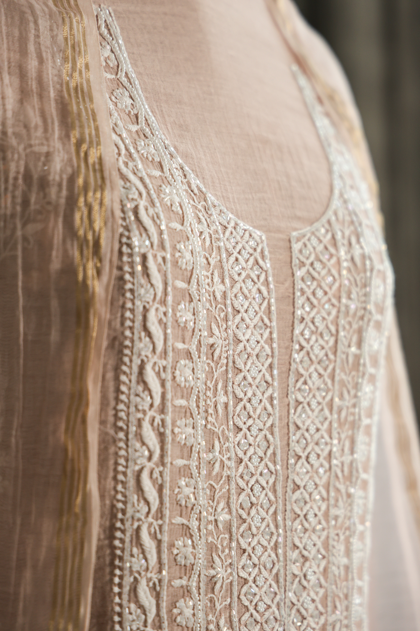 Pink Chikankari Kurta Set with Beads Work