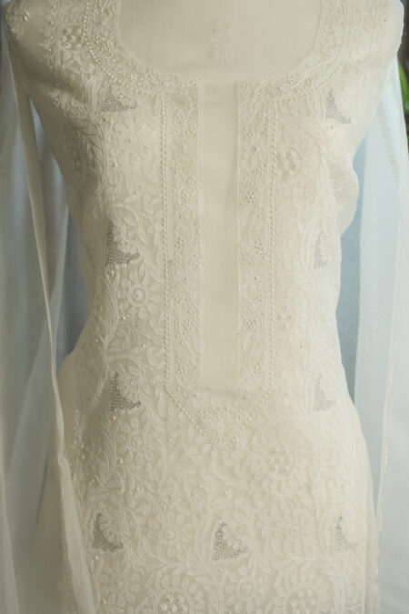 White Handcrafted Chikankari Online Kurta Set - Front