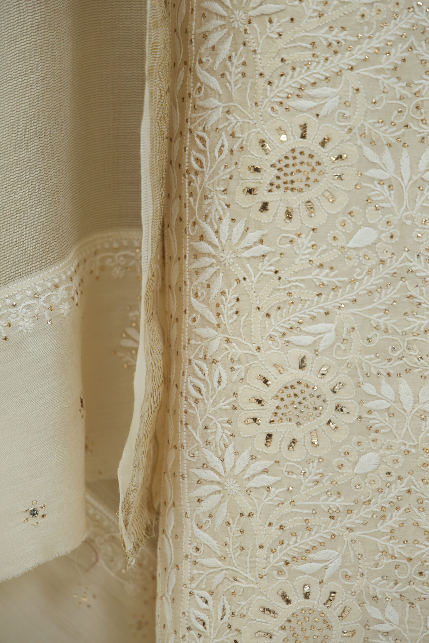 Sunehri Nazakat | Handcrafted Pure Muga Silk Chikankari Kurta & Dupatta with Mukaish - Image 7