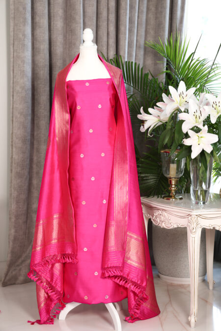 Gulzaar – Hot Pink Banarasi Katan Silk Suit with Kadwa Chand Buta