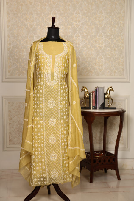 Mustard Yellow  Women's Lakhnavi Handcrafted Pure Mul Chanderi Unstitched Kurta And Dupatta Set