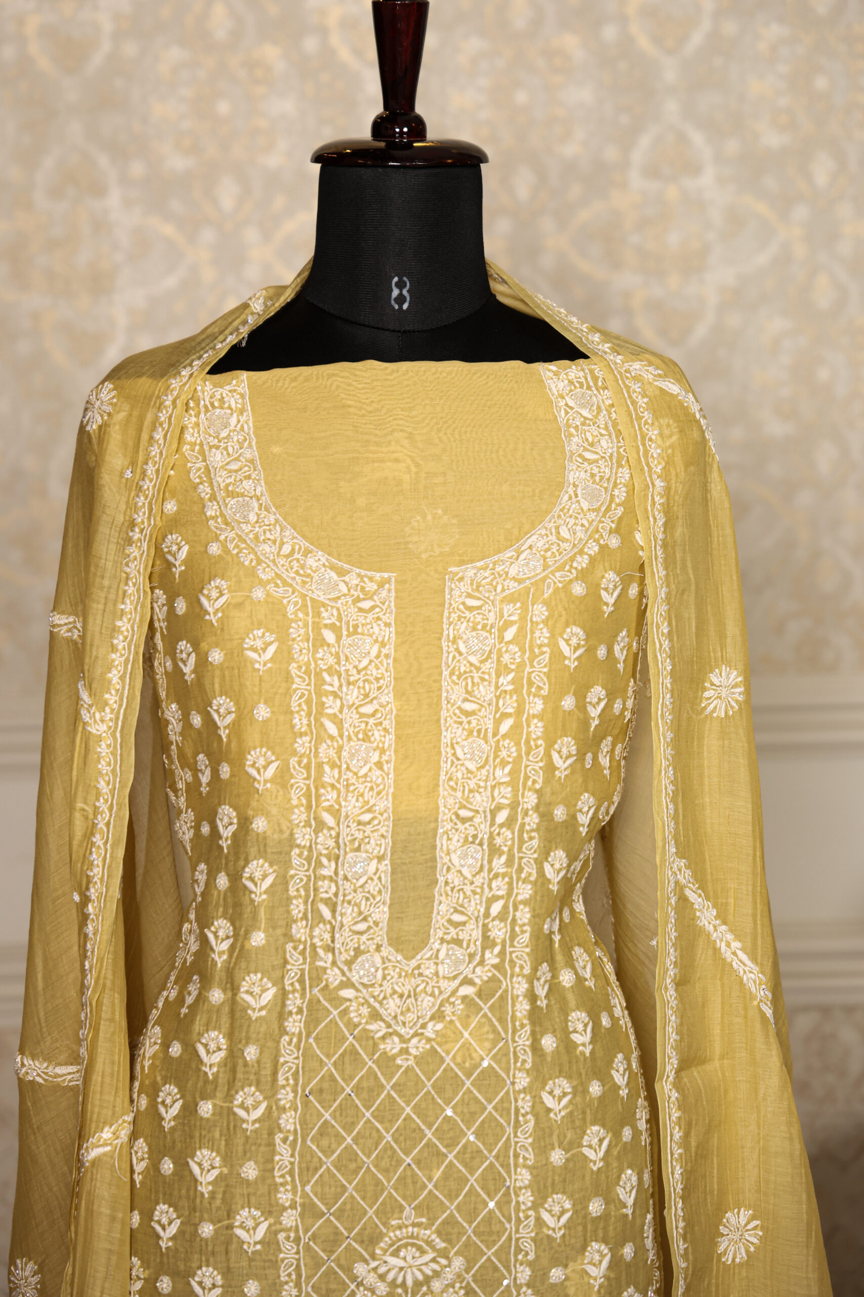 Mustard Yellow  Women's Lakhnavi Handcrafted Pure Mul Chanderi Unstitched Kurta And Dupatta Set - Image 2