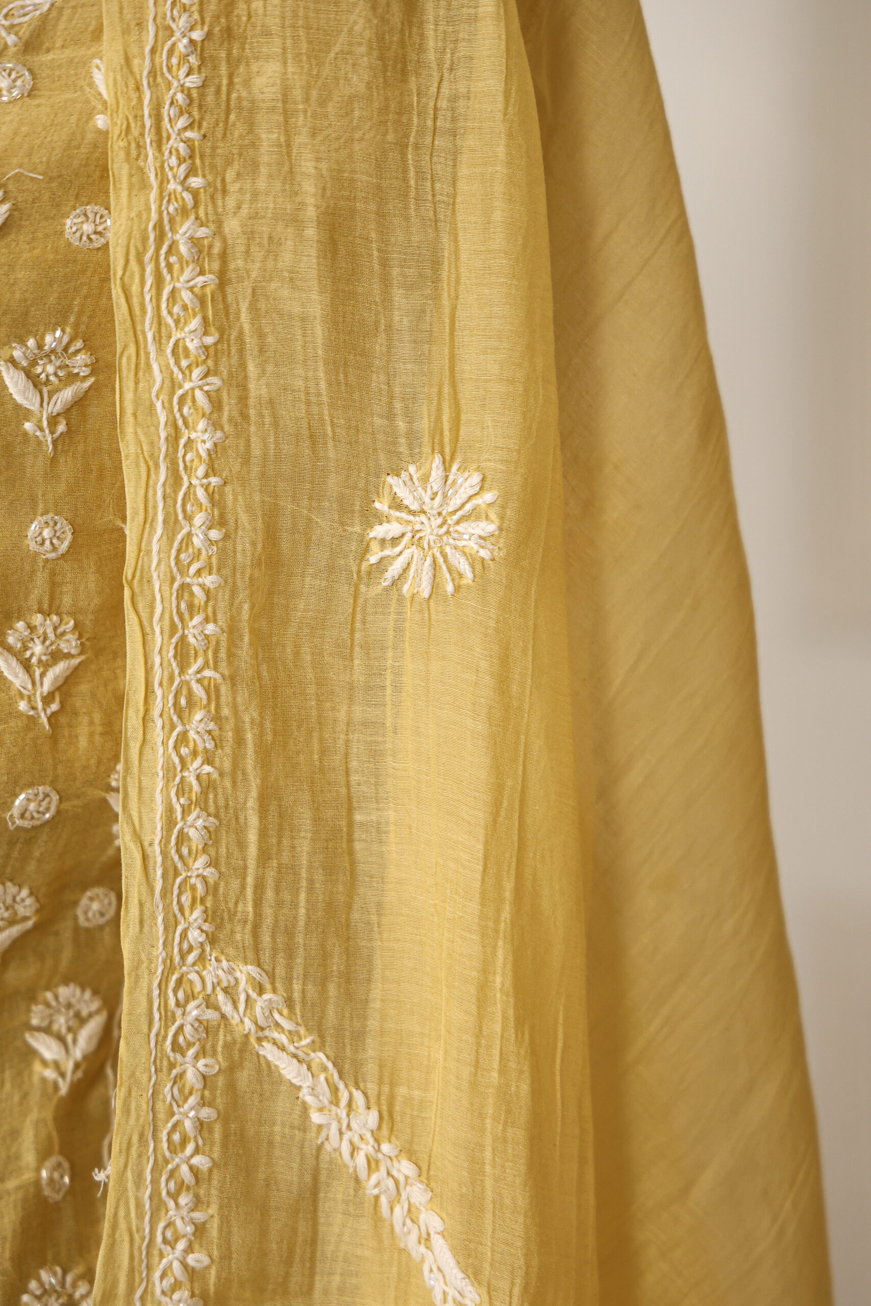 Mustard Yellow  Women's Lakhnavi Handcrafted Pure Mul Chanderi Unstitched Kurta And Dupatta Set - Image 8