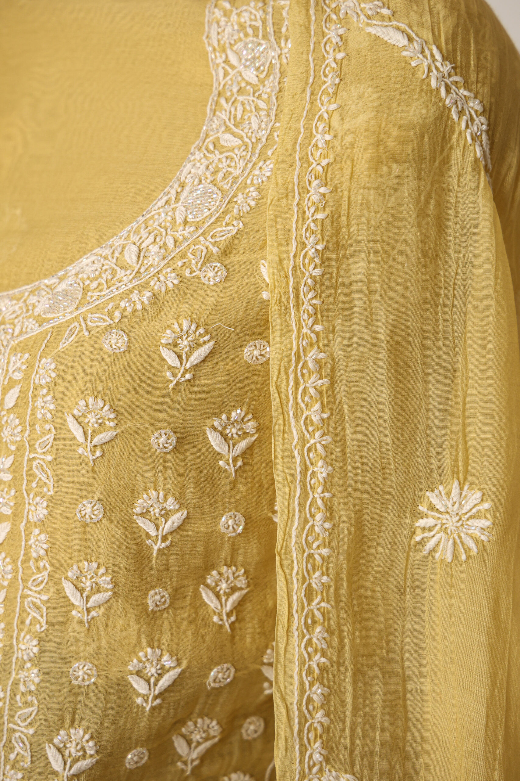 Mustard Yellow  Women's Lakhnavi Handcrafted Pure Mul Chanderi Unstitched Kurta And Dupatta Set - Image 7