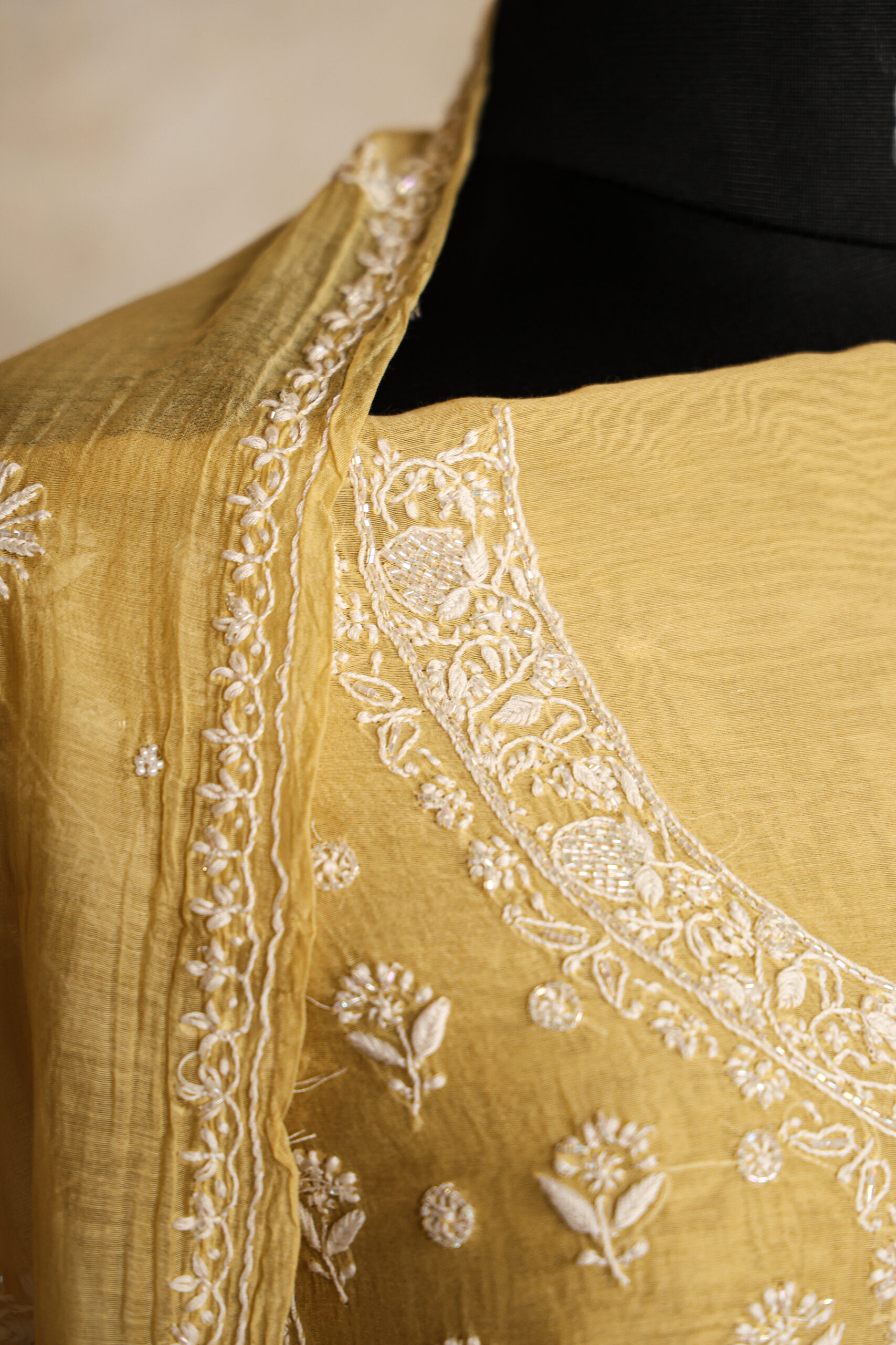 Mustard Yellow  Women's Lakhnavi Handcrafted Pure Mul Chanderi Unstitched Kurta And Dupatta Set - Image 3