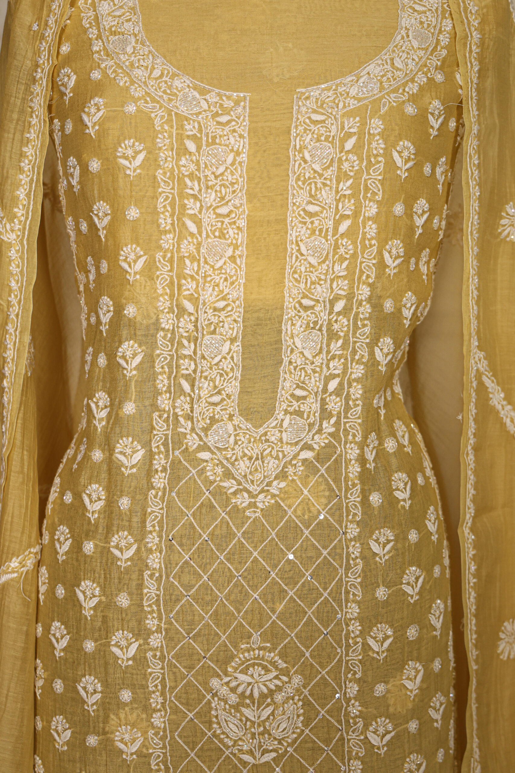 Mustard Yellow  Women's Lakhnavi Handcrafted Pure Mul Chanderi Unstitched Kurta And Dupatta Set - Image 4