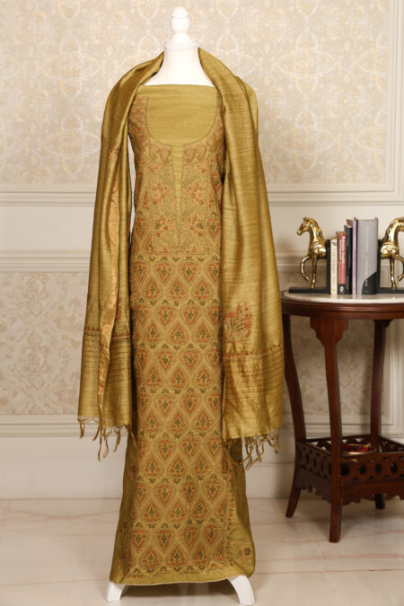 Mehendi Green Handcrafted Pure Muga Silk Chikankari Unstitched Kurta and Dupatta