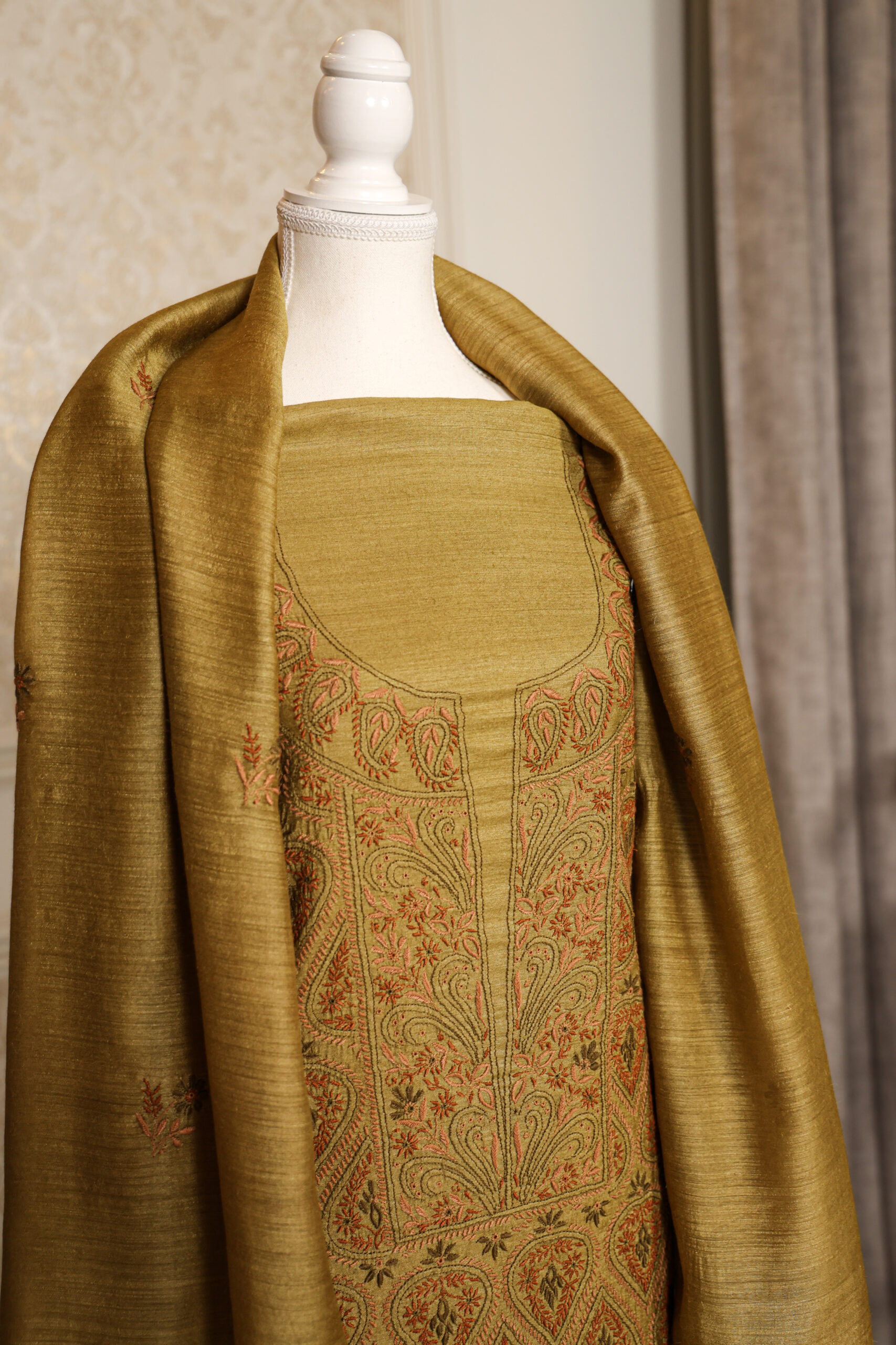 Mehendi Green Handcrafted Pure Muga Silk Chikankari Unstitched Kurta and Dupatta - Image 3