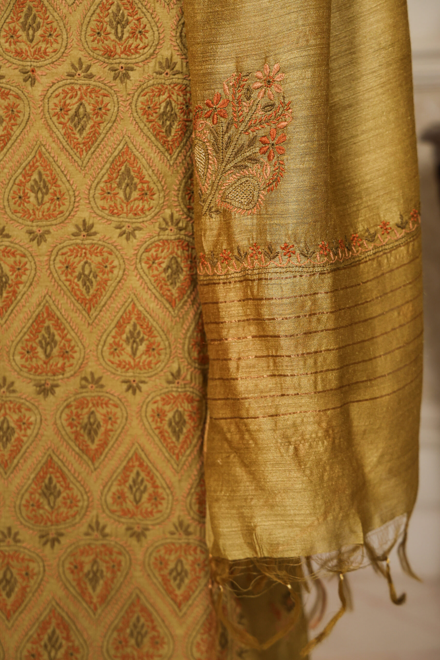 Mehendi Green Handcrafted Pure Muga Silk Chikankari Unstitched Kurta and Dupatta - Image 6