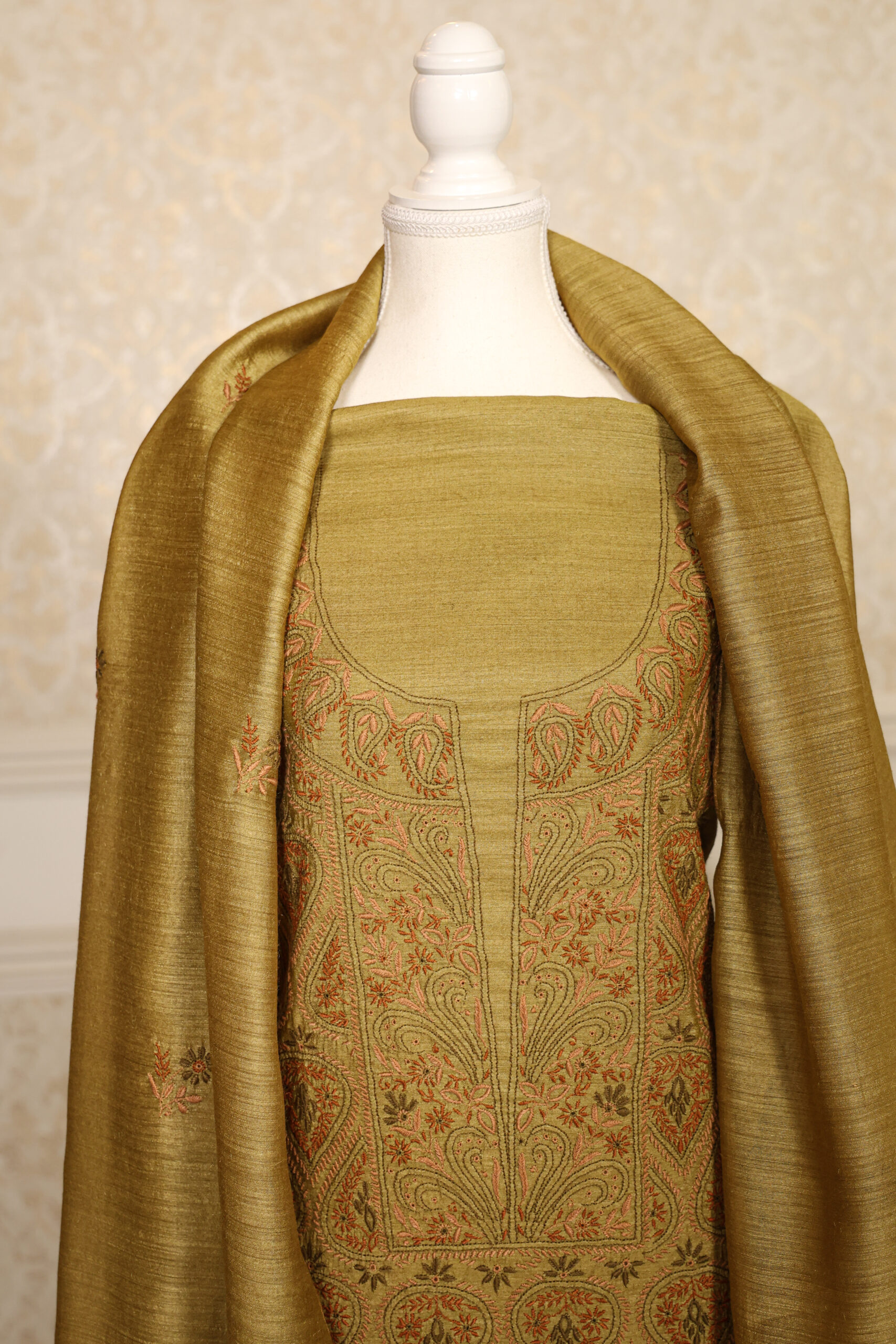 Mehendi Green Handcrafted Pure Muga Silk Chikankari Unstitched Kurta and Dupatta - Image 4