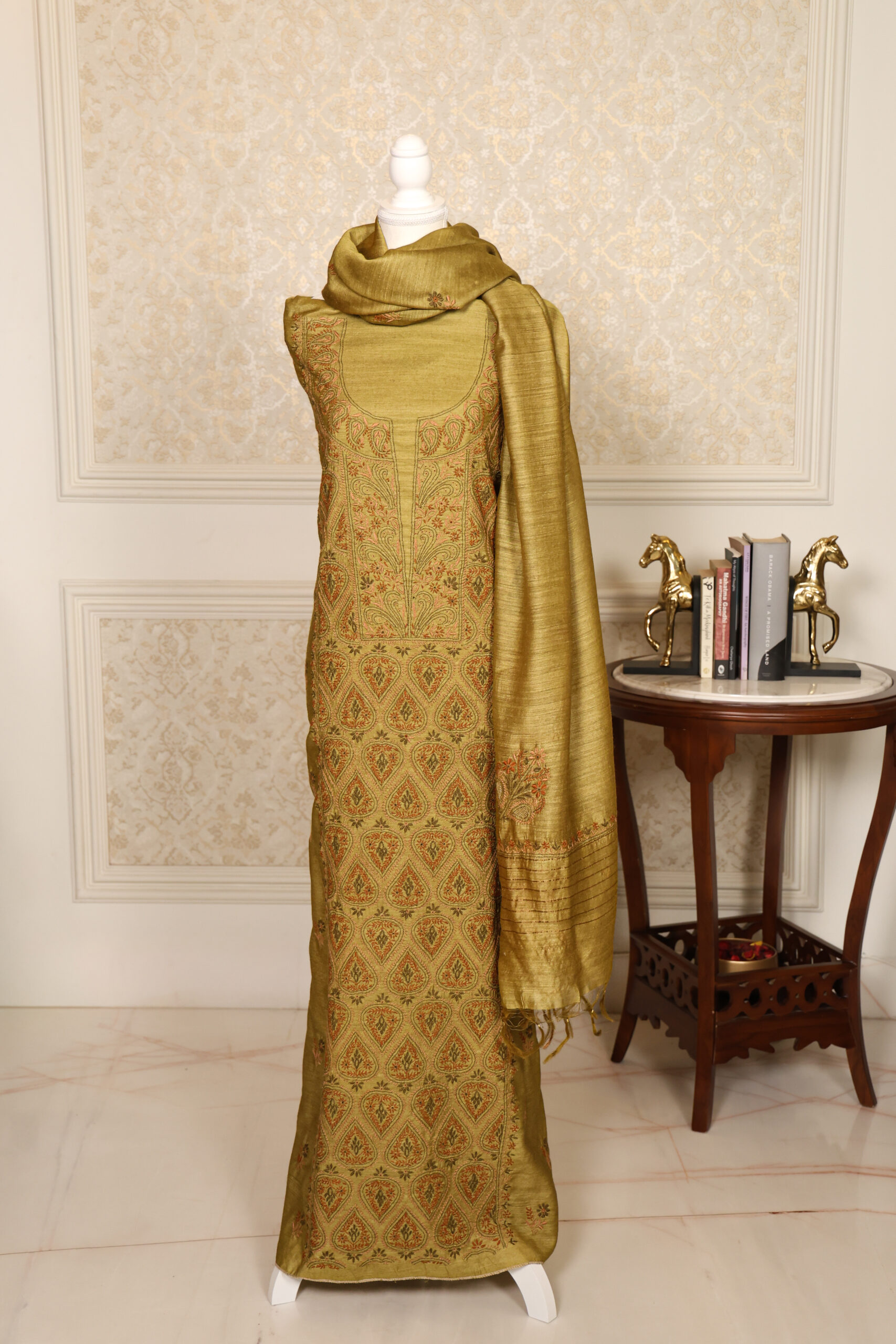 Mehendi Green Handcrafted Pure Muga Silk Chikankari Unstitched Kurta and Dupatta - Image 2