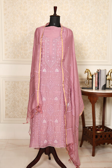 Onion - PInk Women's Lakhnavi Handcrafted Pure Mul Chanderi Unstitched Kurta And Dupatta Set
