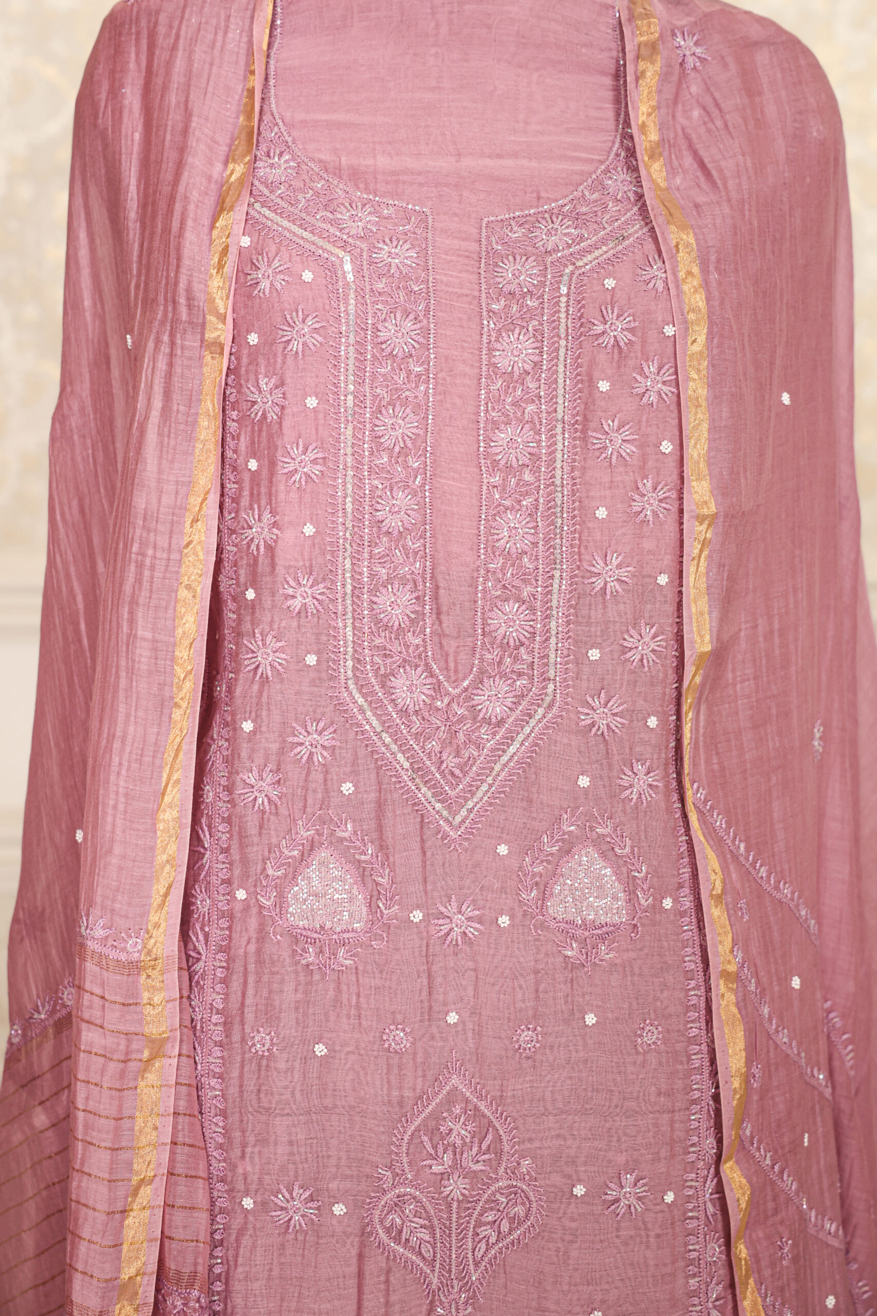 Onion - PInk Women's Lakhnavi Handcrafted Pure Mul Chanderi Unstitched Kurta And Dupatta Set - Image 2