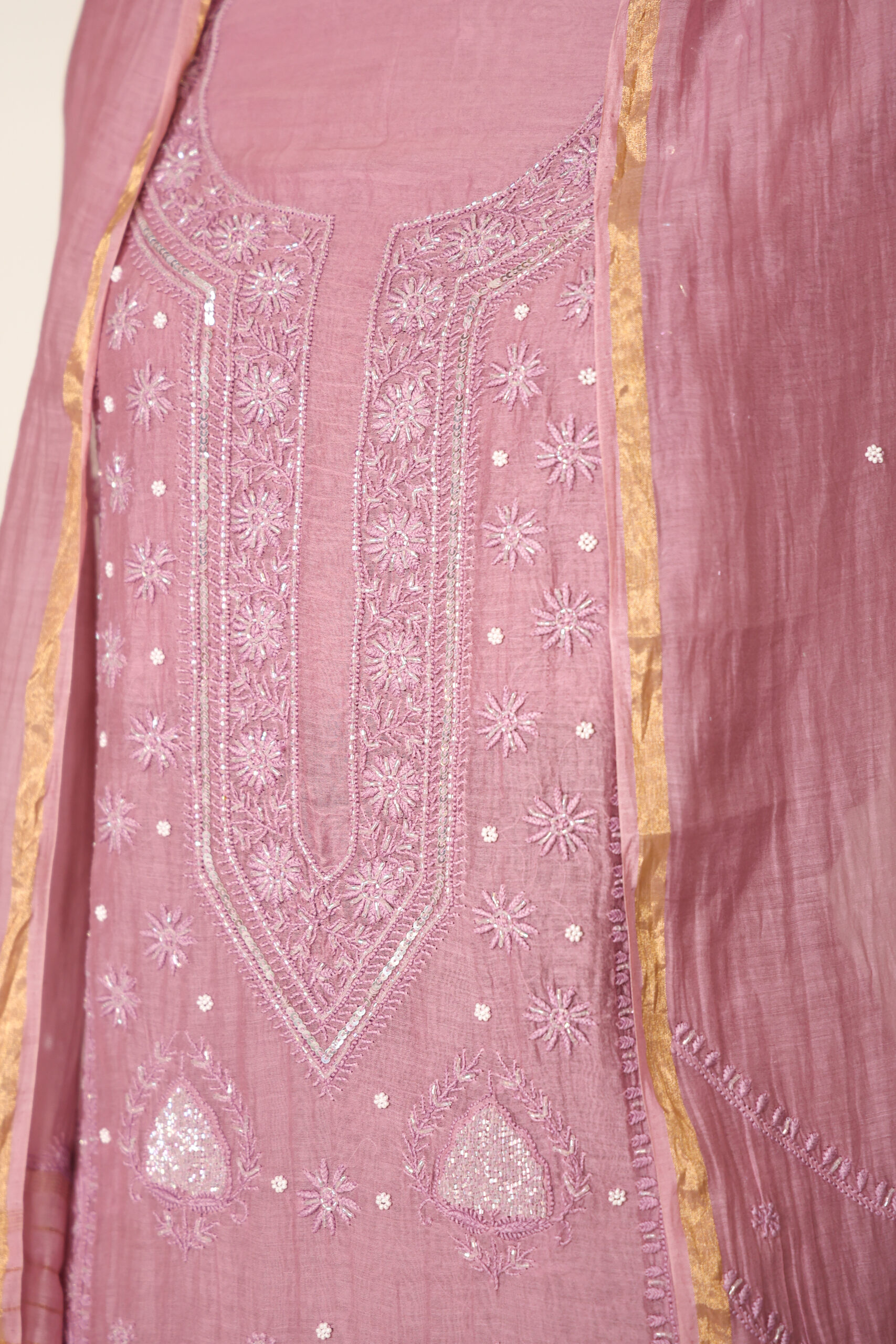 Onion - PInk Women's Lakhnavi Handcrafted Pure Mul Chanderi Unstitched Kurta And Dupatta Set - Image 5