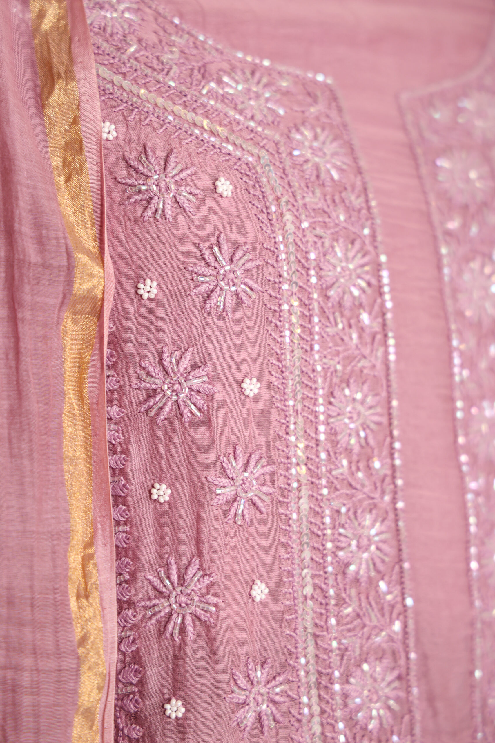 Onion - PInk Women's Lakhnavi Handcrafted Pure Mul Chanderi Unstitched Kurta And Dupatta Set - Image 3