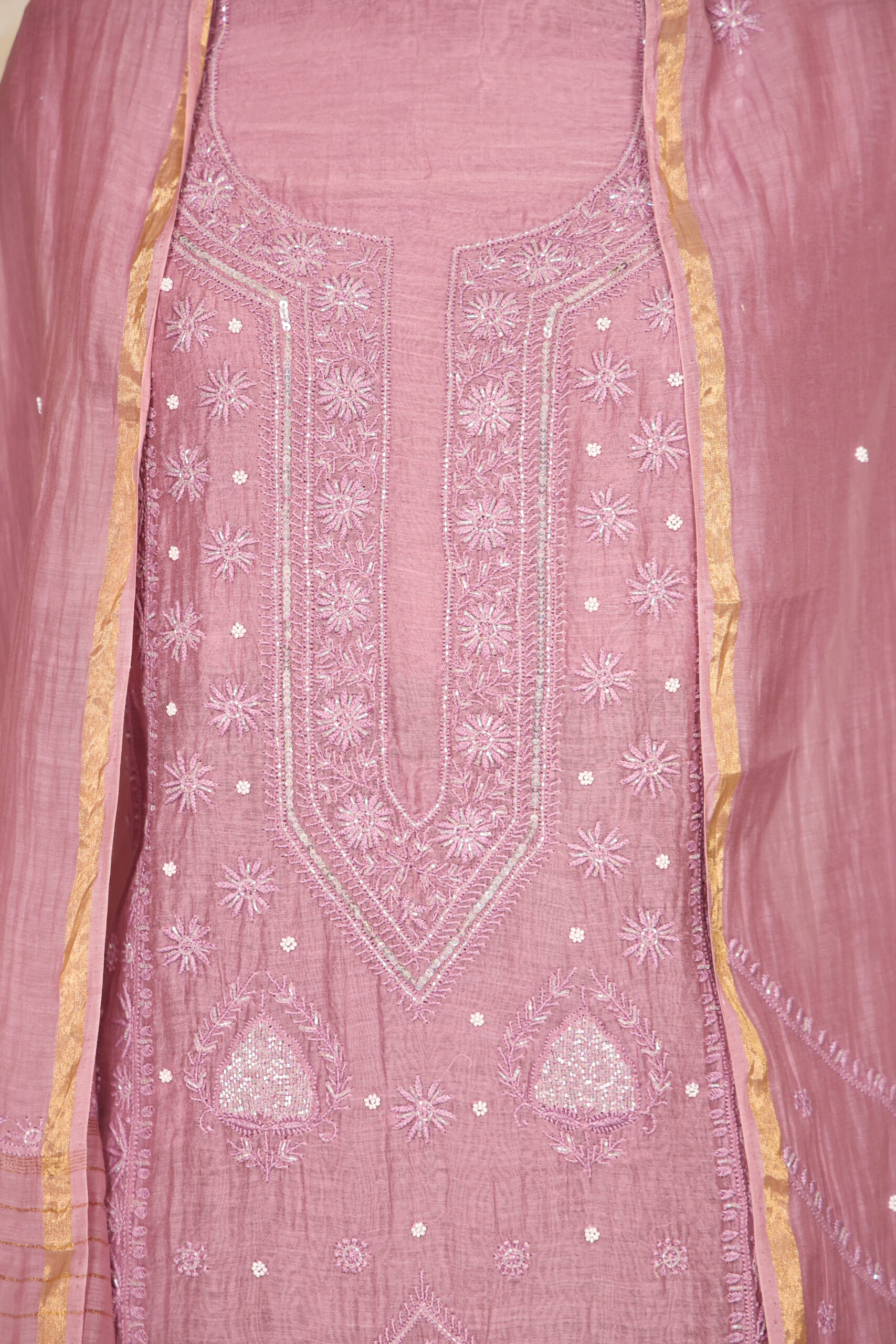 Onion - PInk Women's Lakhnavi Handcrafted Pure Mul Chanderi Unstitched Kurta And Dupatta Set - Image 4