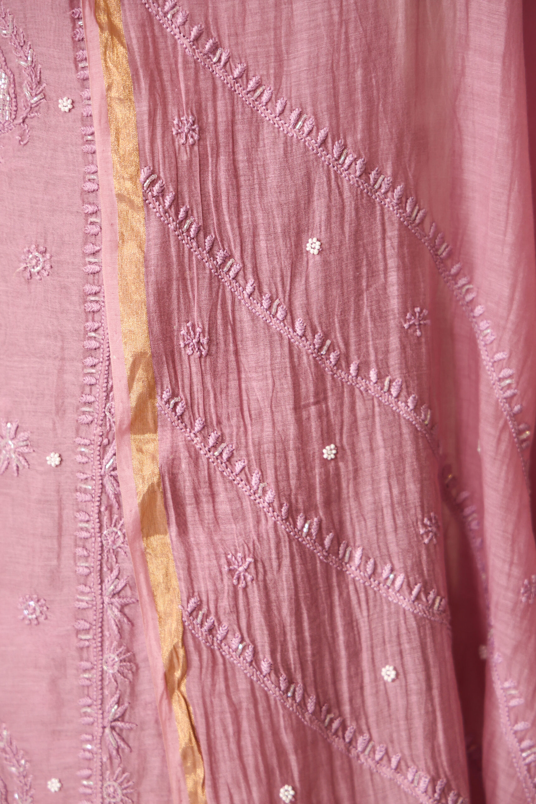 Onion - PInk Women's Lakhnavi Handcrafted Pure Mul Chanderi Unstitched Kurta And Dupatta Set - Image 8