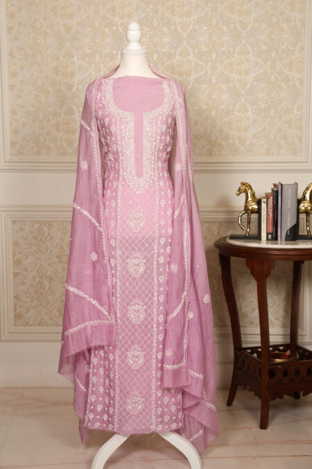 Pink Women’s Lakhnavi Handcrafted Pure Mul Chanderi Unstitched Kurta and Dupatta Set