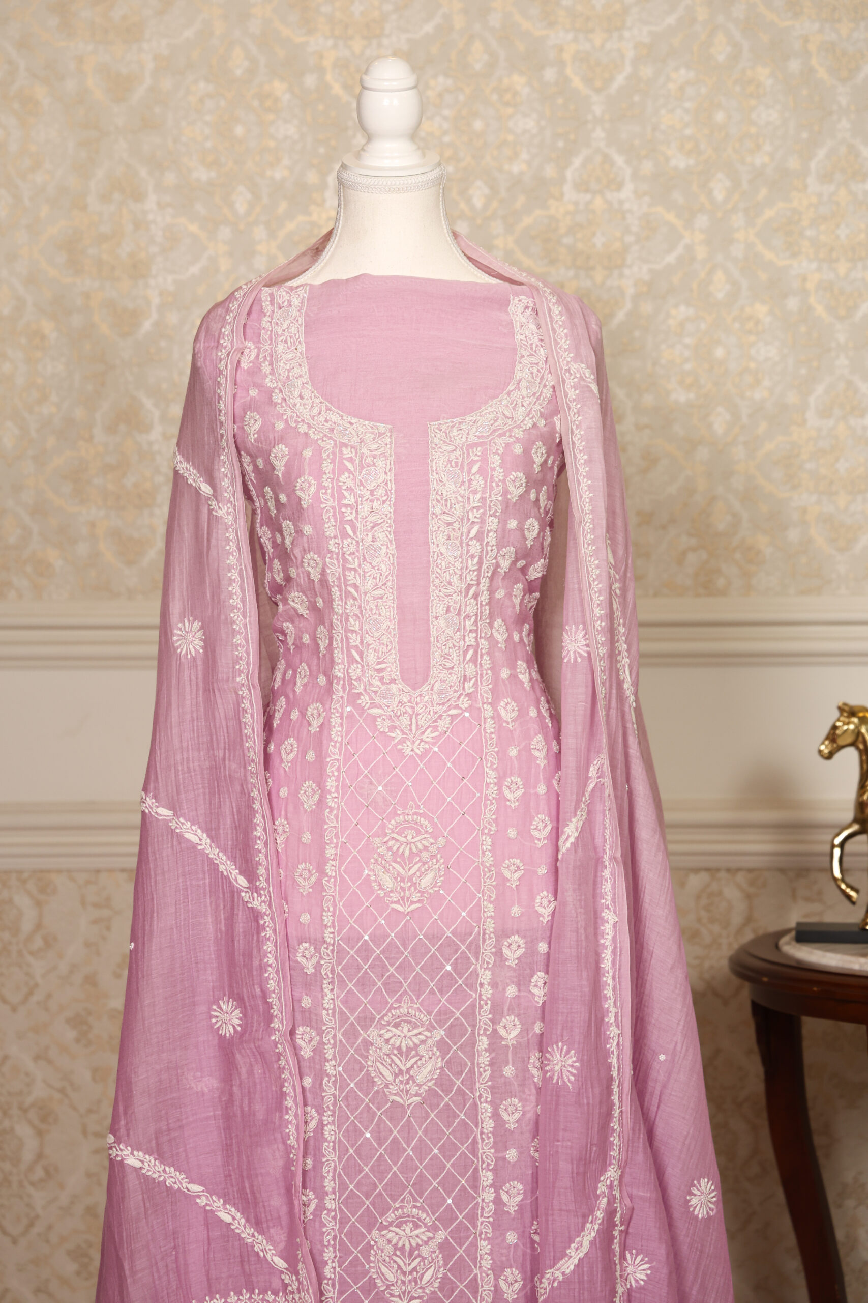 Pink Women’s Lakhnavi Handcrafted Pure Mul Chanderi Unstitched Kurta and Dupatta Set - Image 2
