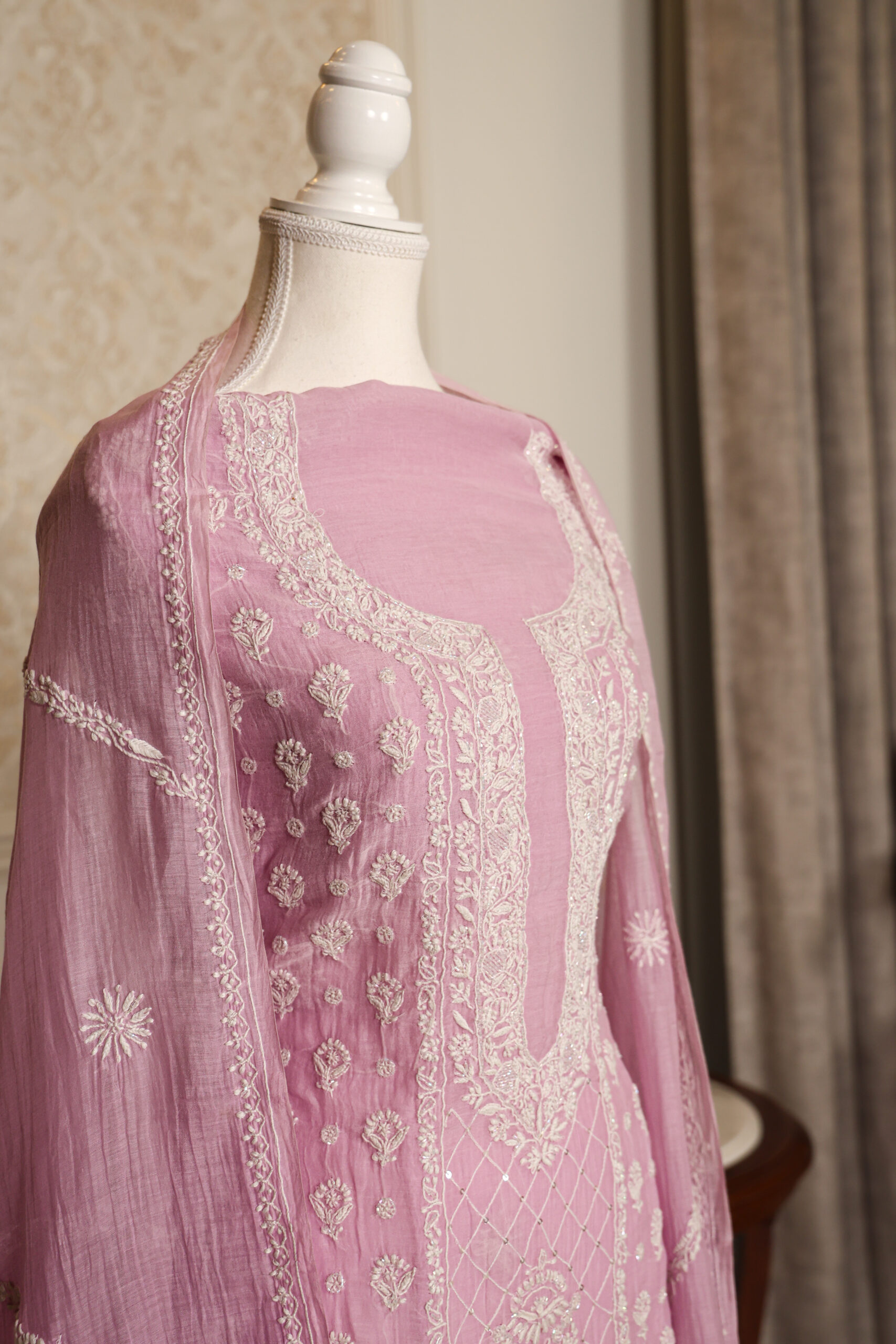 Pink Women’s Lakhnavi Handcrafted Pure Mul Chanderi Unstitched Kurta and Dupatta Set - Image 3