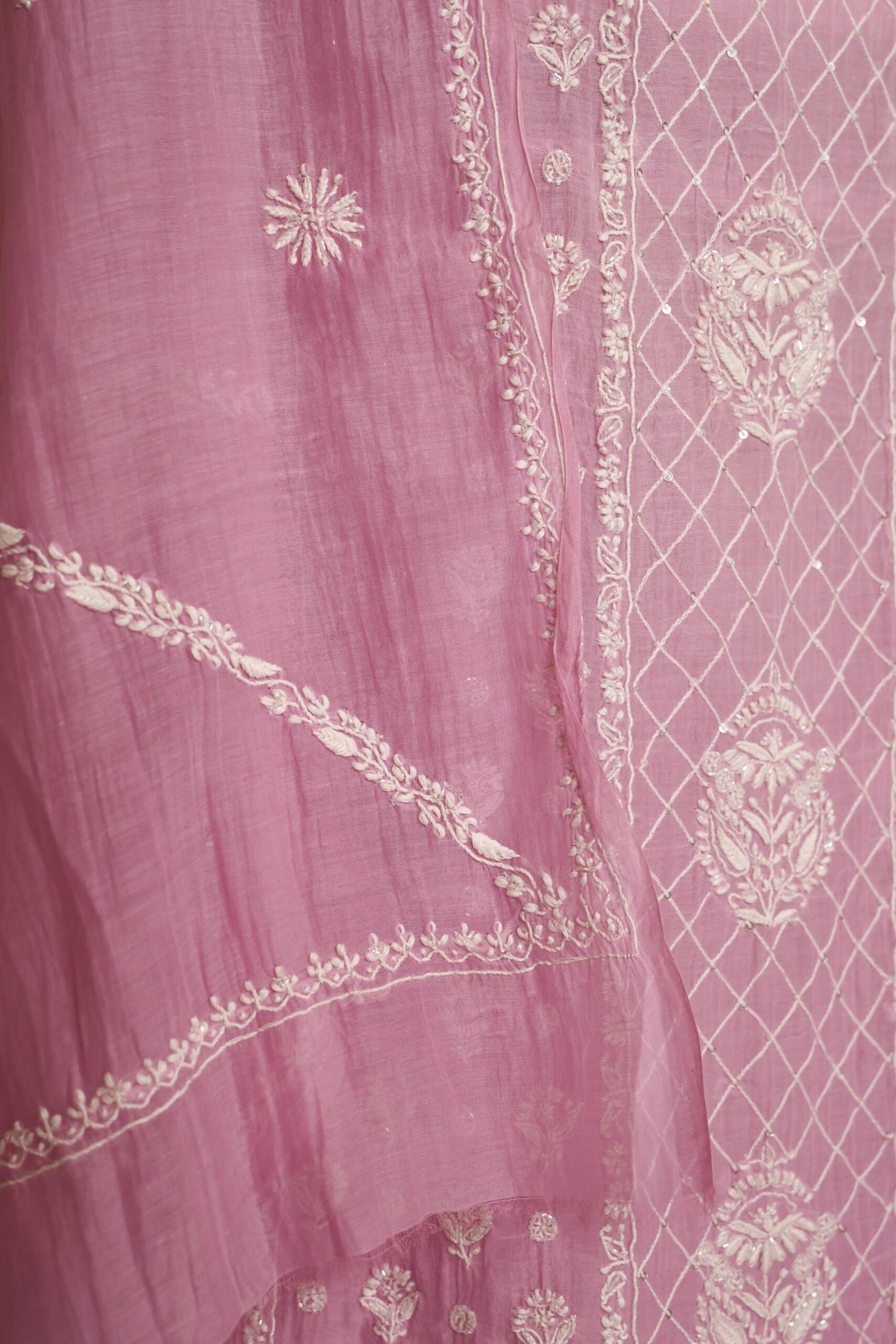 Pink Women’s Lakhnavi Handcrafted Pure Mul Chanderi Unstitched Kurta and Dupatta Set - Image 4