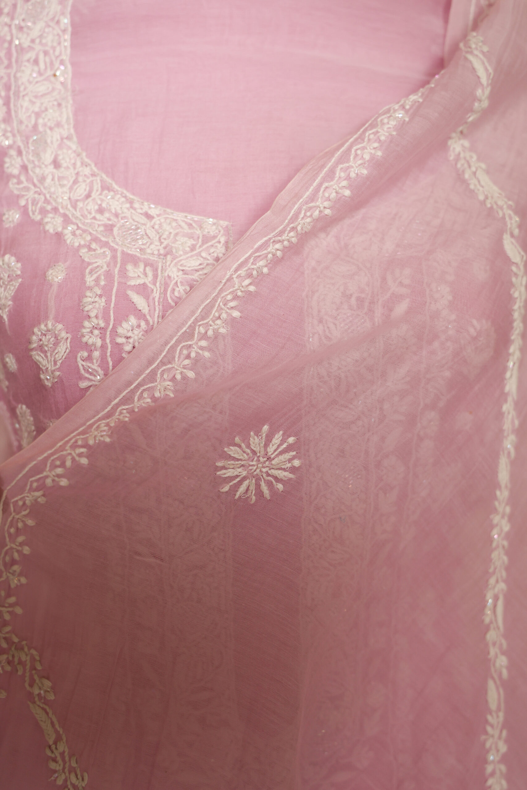 Pink Women’s Lakhnavi Handcrafted Pure Mul Chanderi Unstitched Kurta and Dupatta Set - Image 5