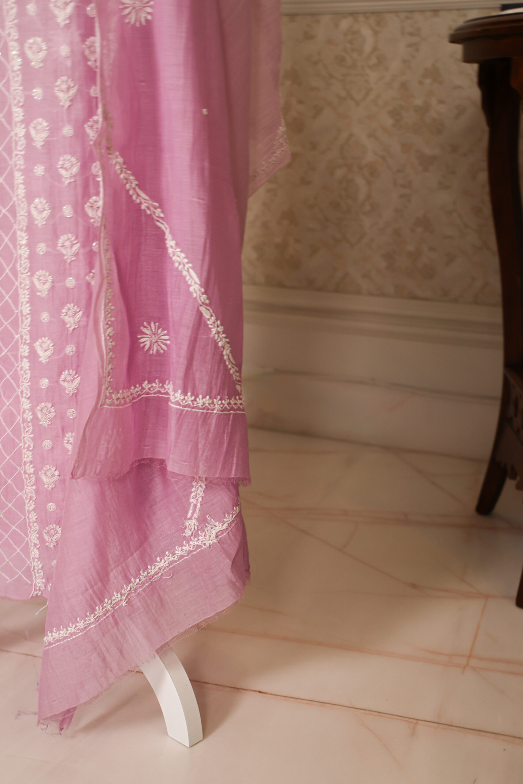 Pink Women’s Lakhnavi Handcrafted Pure Mul Chanderi Unstitched Kurta and Dupatta Set - Image 6
