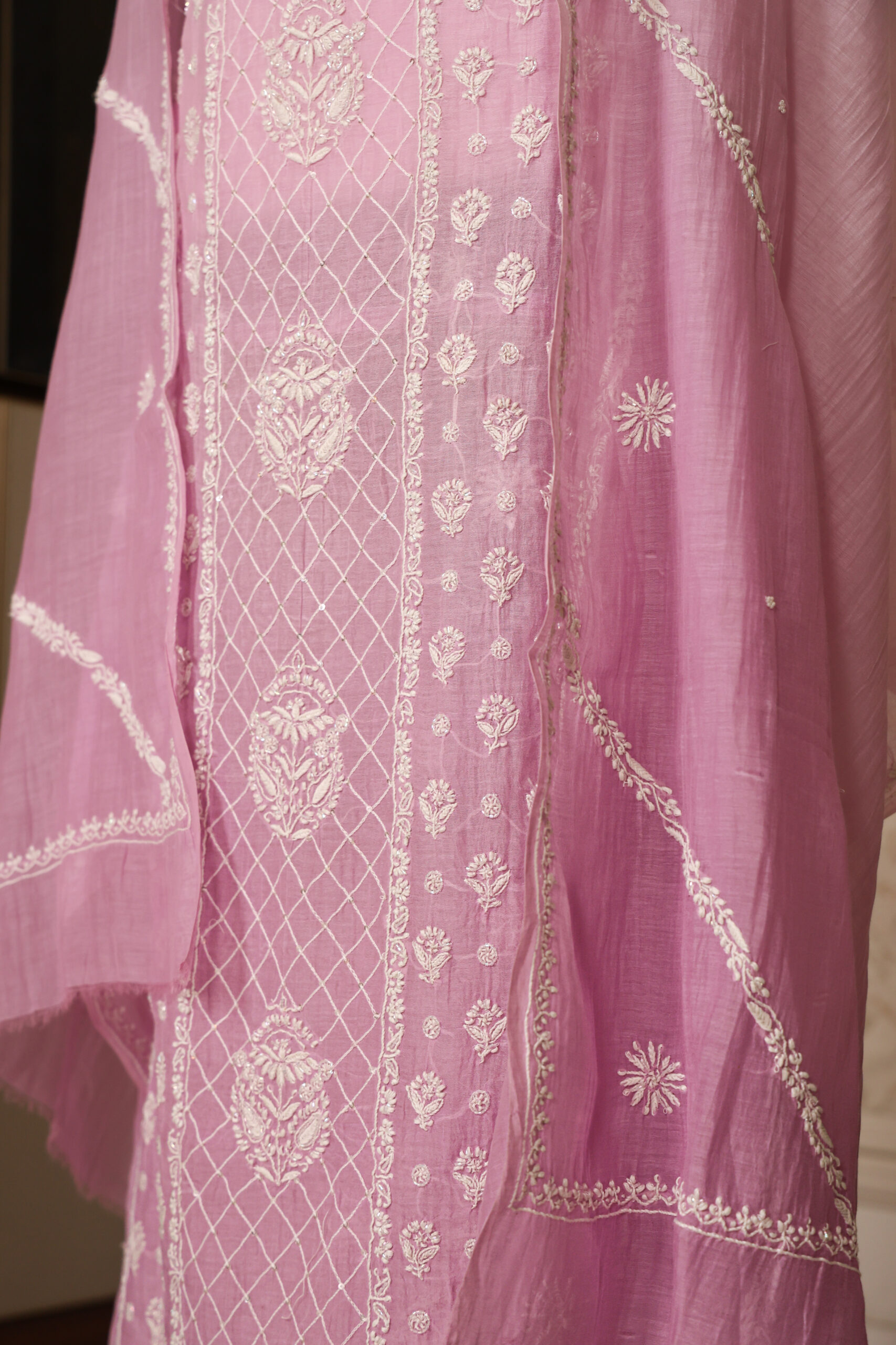 Pink Women’s Lakhnavi Handcrafted Pure Mul Chanderi Unstitched Kurta and Dupatta Set - Image 7