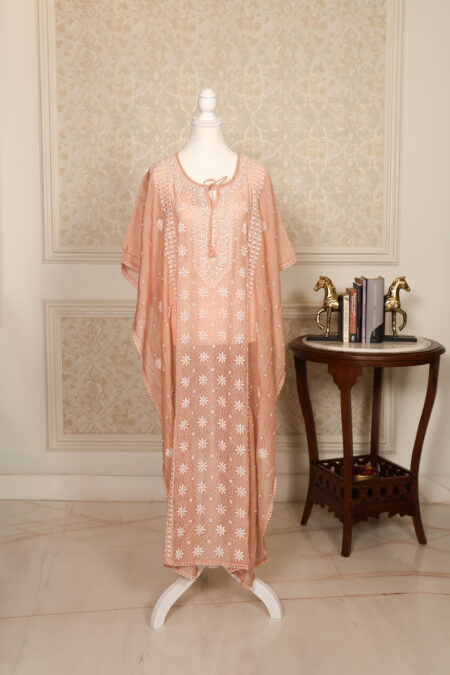 Mocha Whisper – Handcrafted Pure Mul Chanderi Kaftan