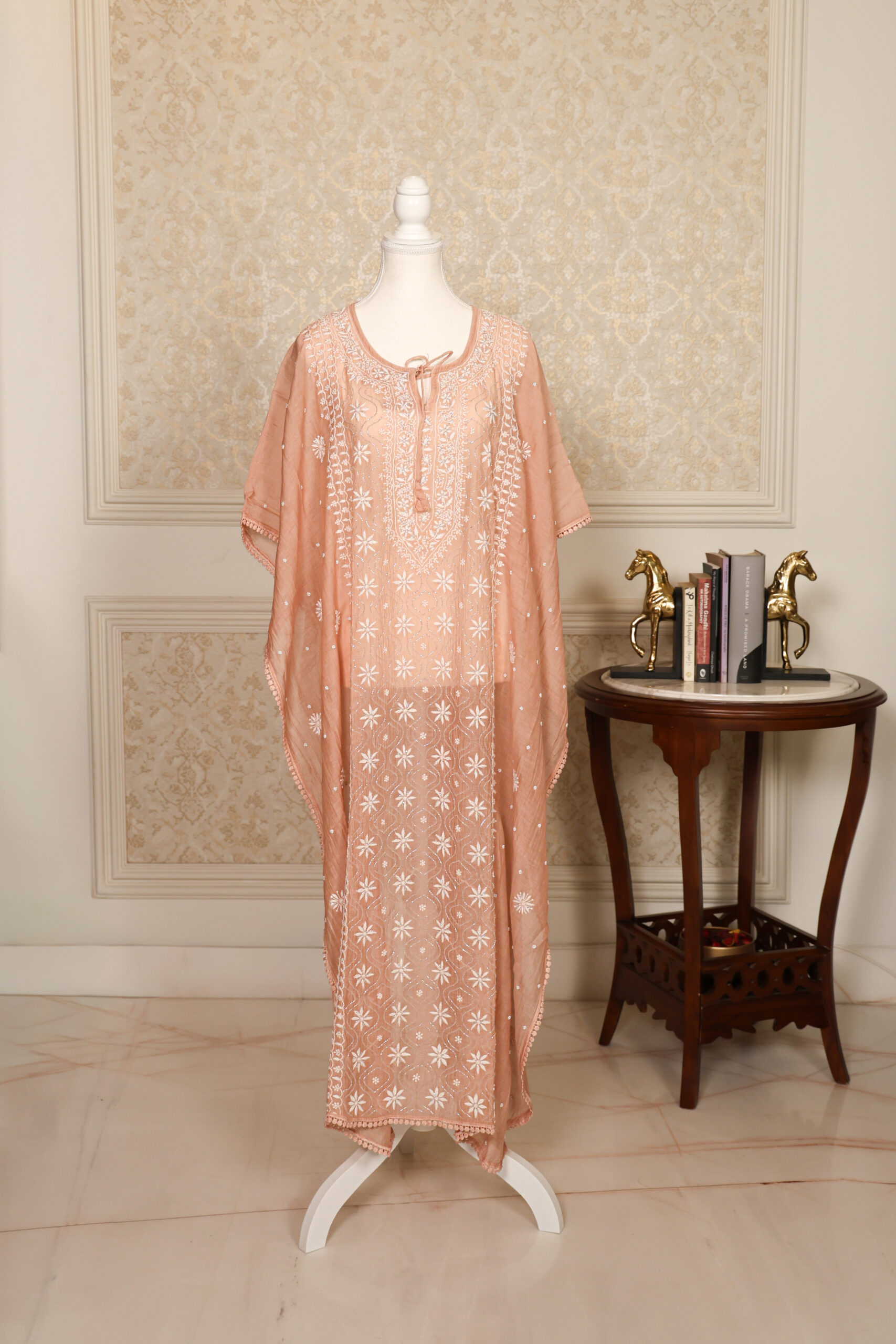 Mocha Whisper – Handcrafted Pure Mul Chanderi Kaftan