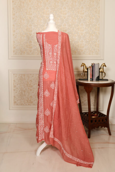 Carrot - Red Women's Lakhnavi Handcrafted Pure Mul Chanderi Unstitched Kurta And Dupatta Set