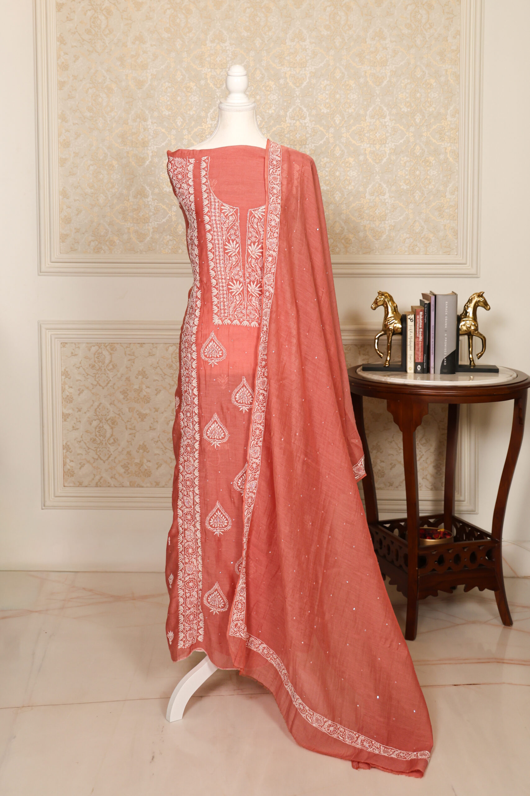 Carrot - Red Women's Lakhnavi Handcrafted Pure Mul Chanderi Unstitched Kurta And Dupatta Set