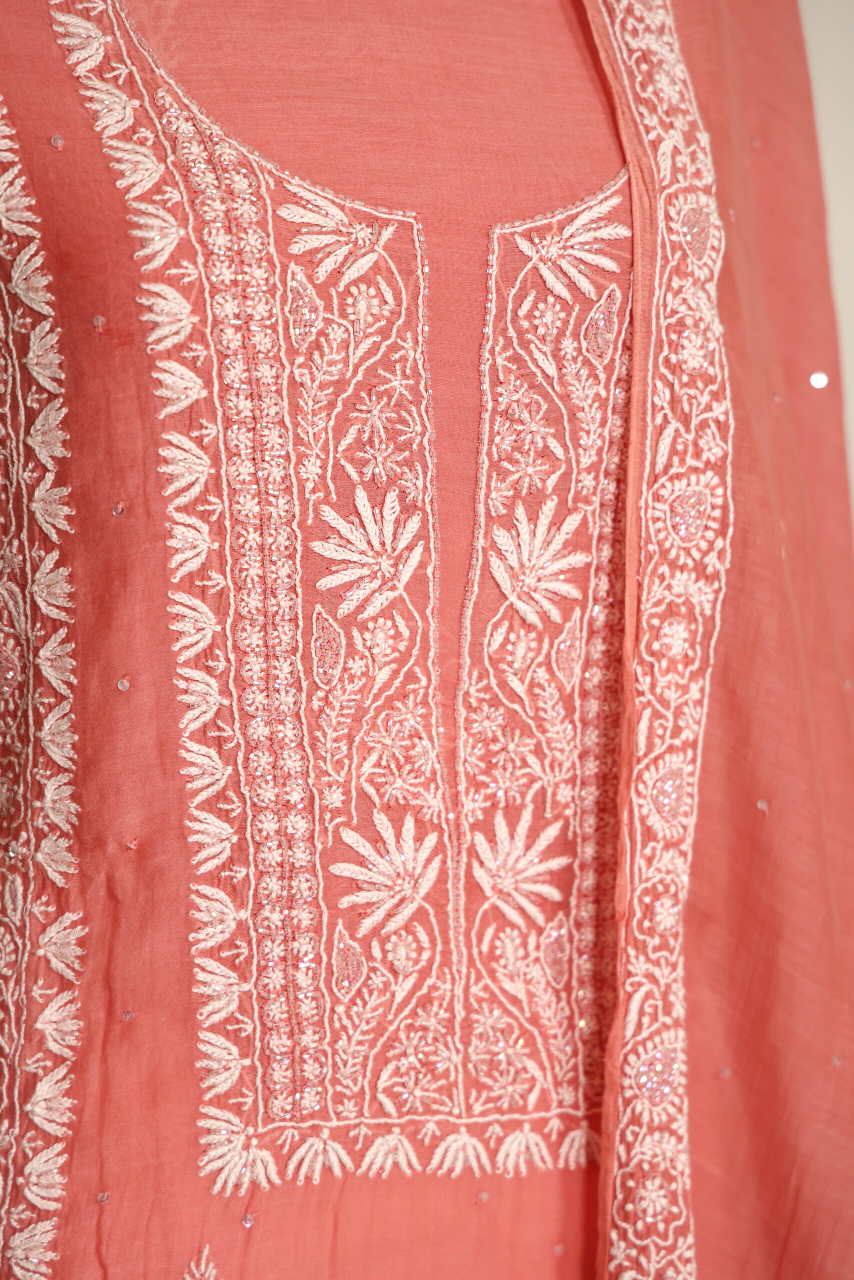 Carrot - Red Women's Lakhnavi Handcrafted Pure Mul Chanderi Unstitched Kurta And Dupatta Set - Image 4