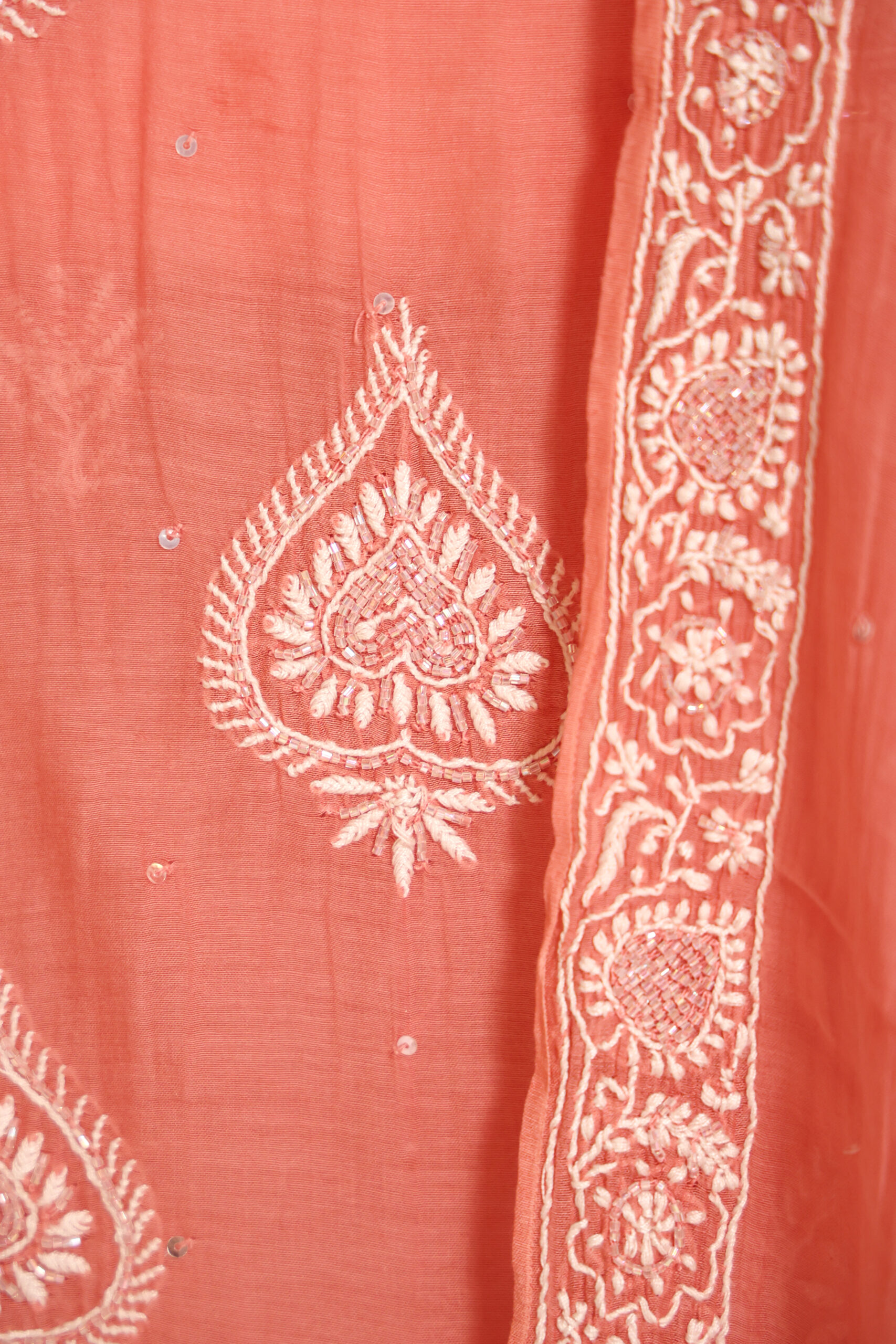 Carrot - Red Women's Lakhnavi Handcrafted Pure Mul Chanderi Unstitched Kurta And Dupatta Set - Image 5