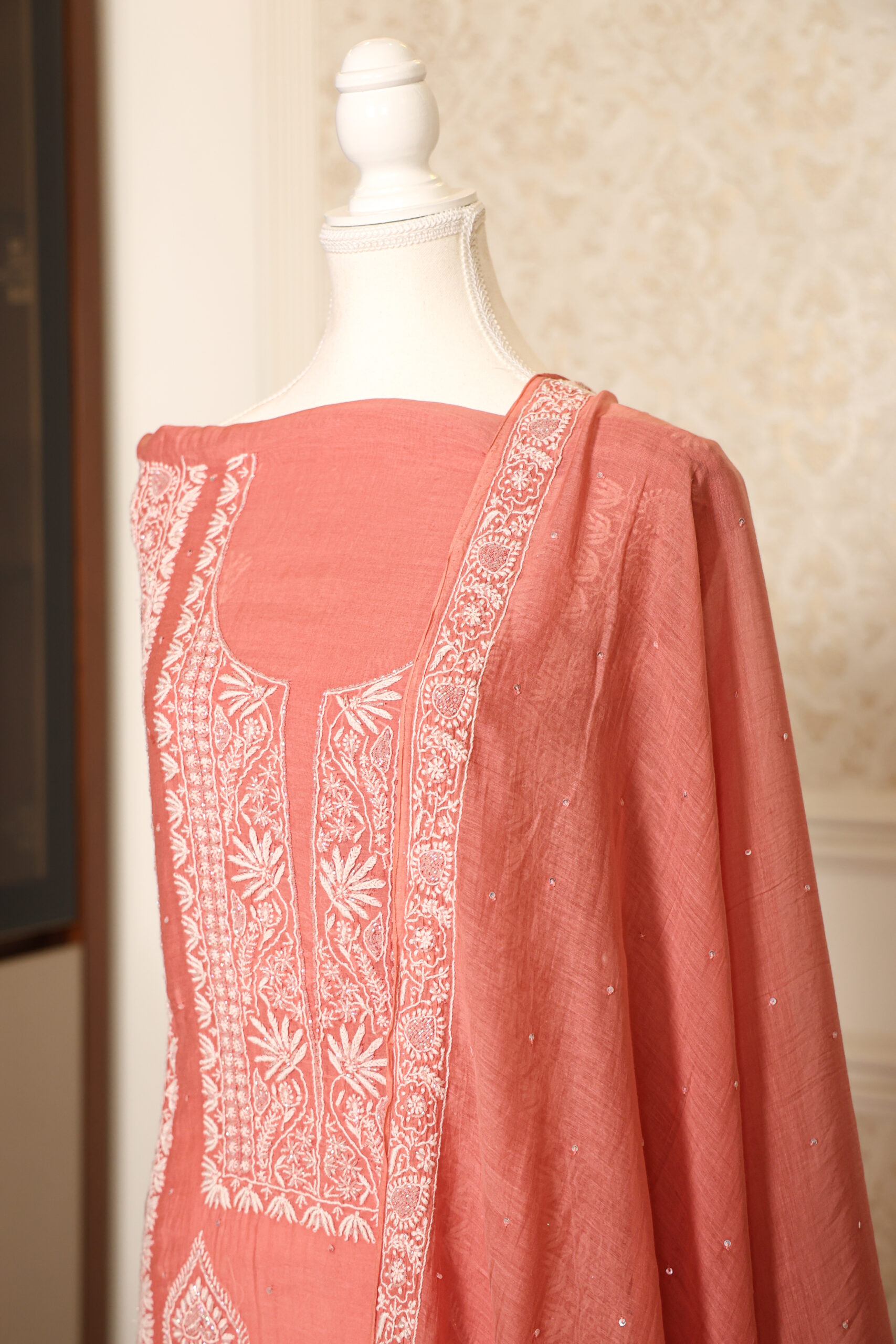 Carrot - Red Women's Lakhnavi Handcrafted Pure Mul Chanderi Unstitched Kurta And Dupatta Set - Image 3