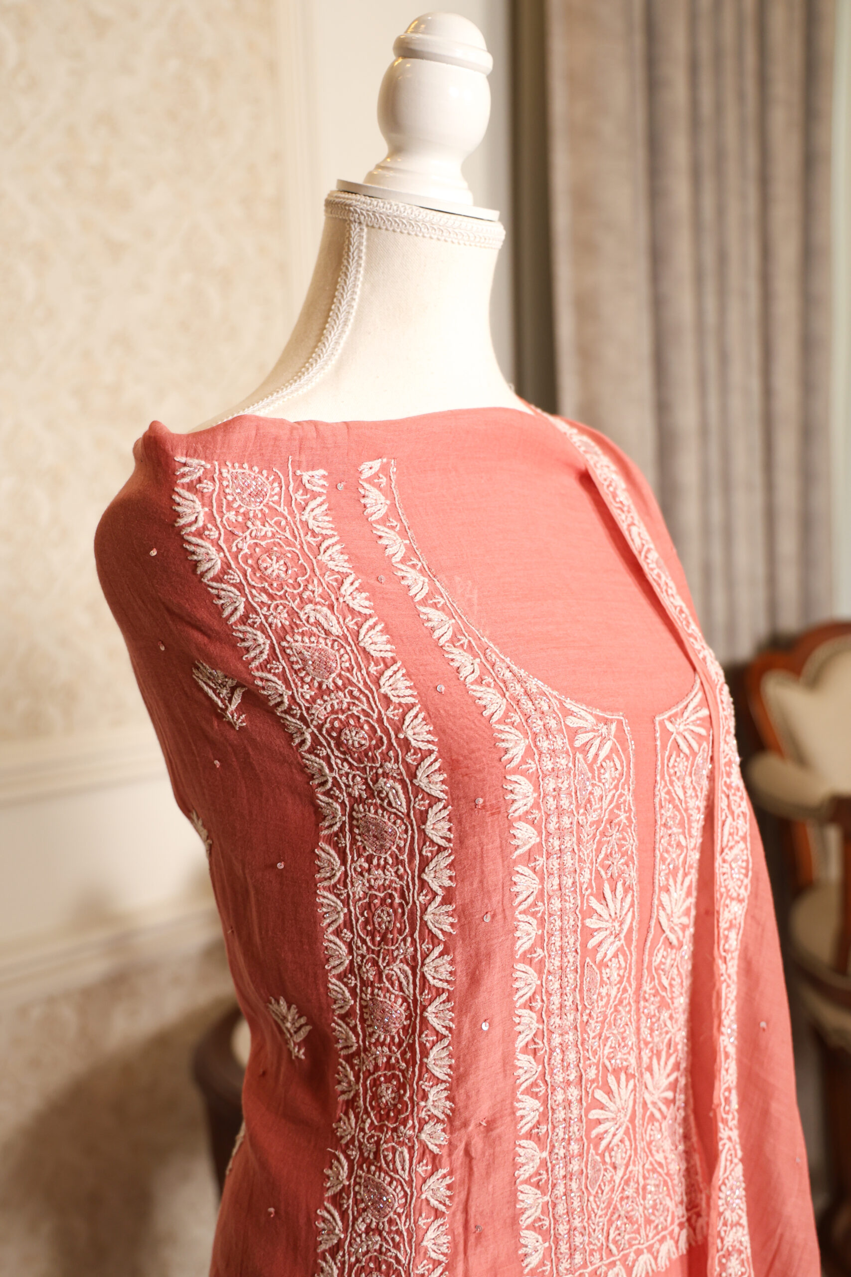 Carrot - Red Women's Lakhnavi Handcrafted Pure Mul Chanderi Unstitched Kurta And Dupatta Set - Image 2