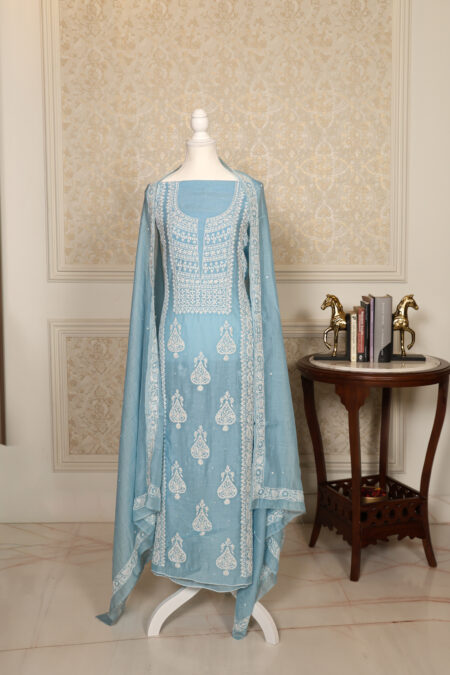 Women's Lakhnavi Handcrafted Pure Mul Chanderi Unstitched Kurta And Dupatta Set