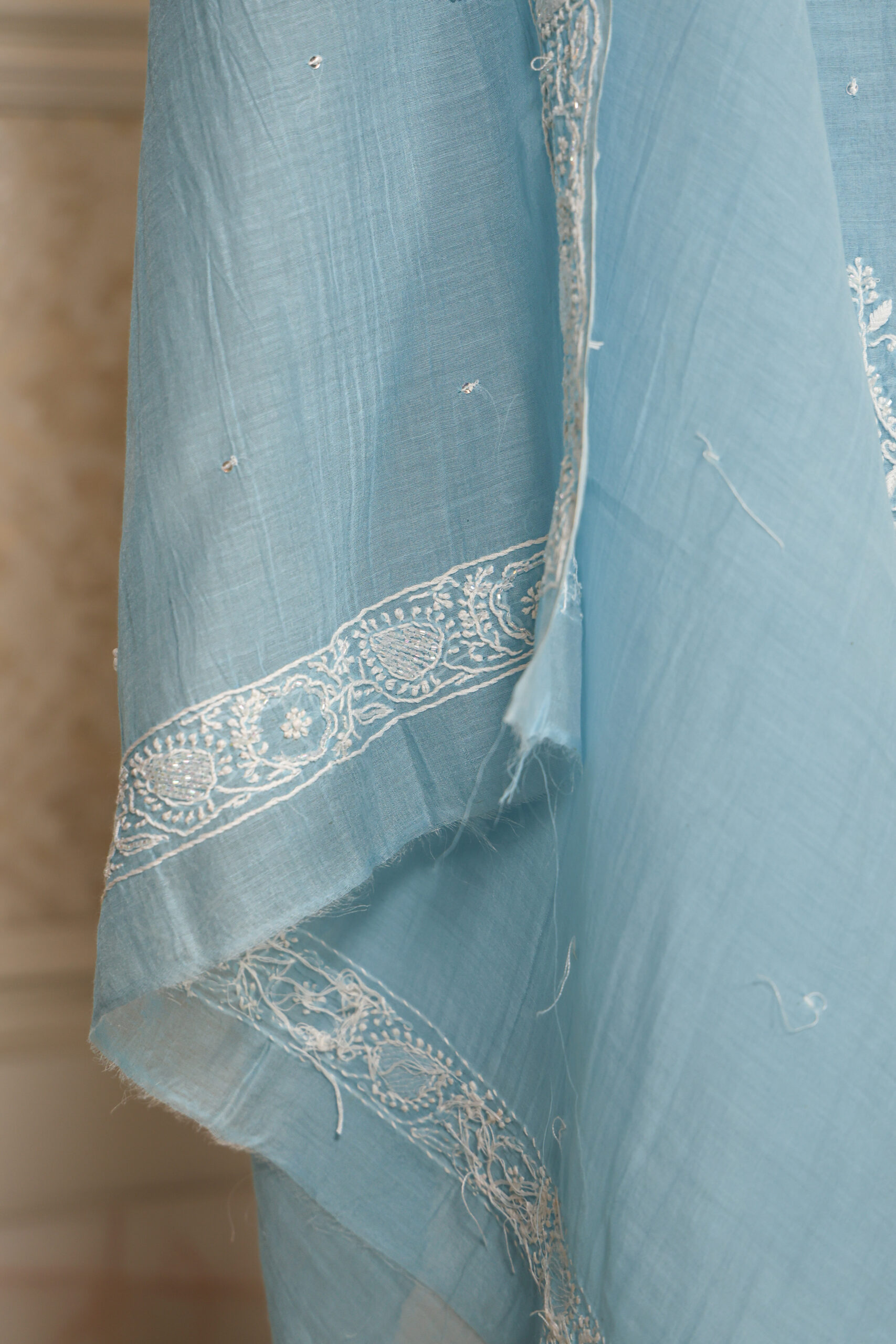 Women's Lakhnavi Handcrafted Pure Mul Chanderi Unstitched Kurta And Dupatta Set - Image 7