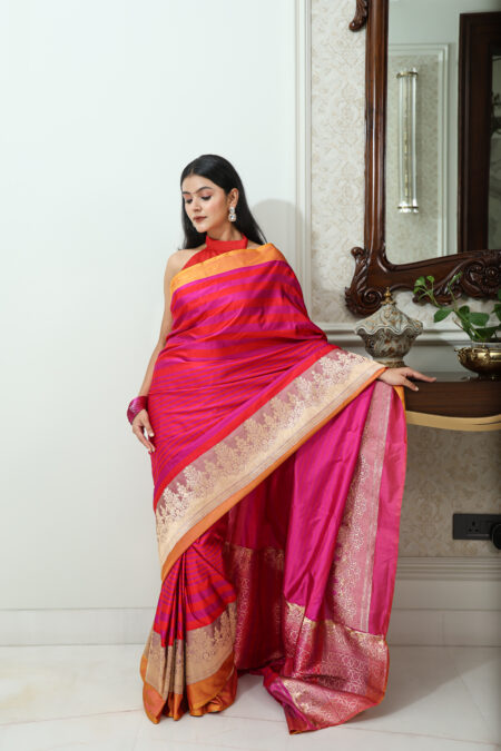 Rajnigandha – Red & Hot Pink Pure Katan Silk Saree with Satin Stripes