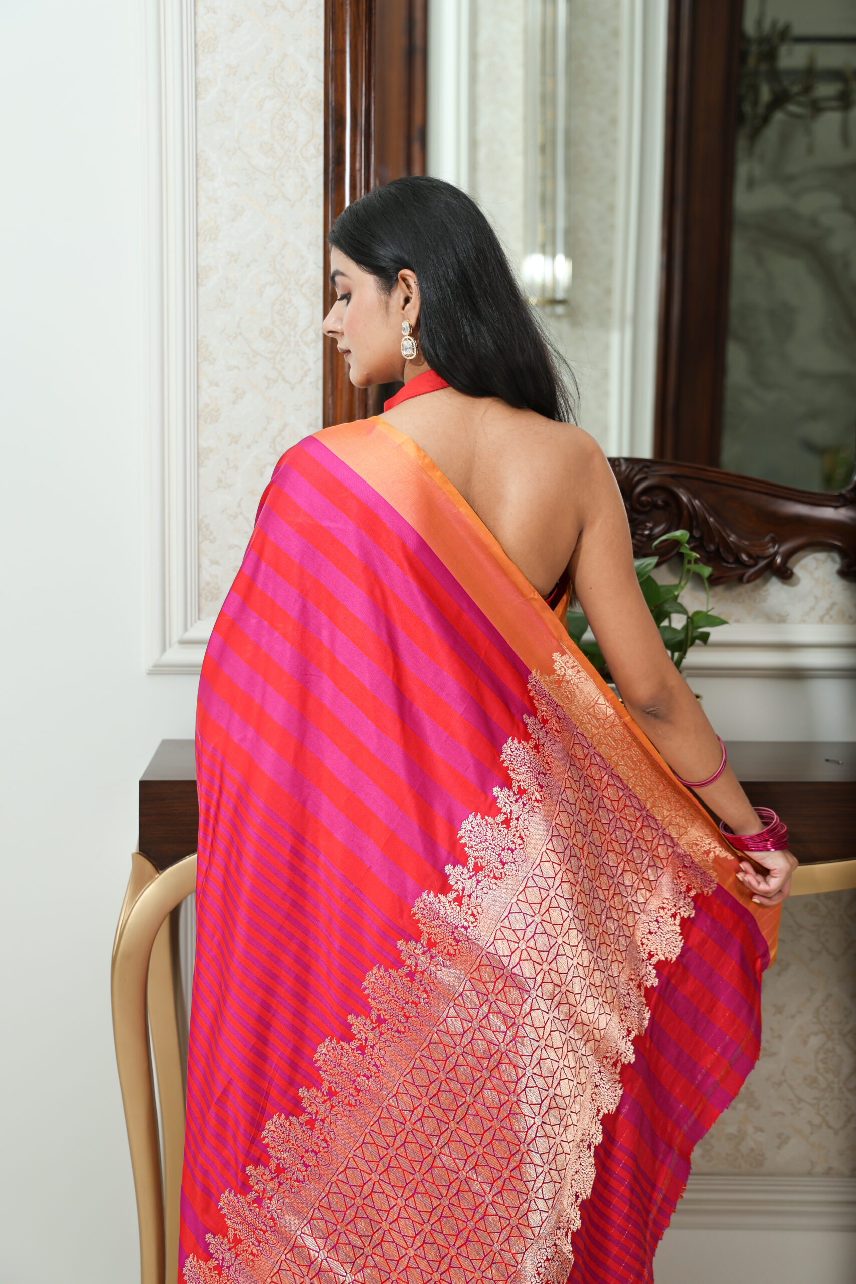 Rajnigandha – Red & Hot Pink Pure Katan Silk Saree with Satin Stripes - Image 3