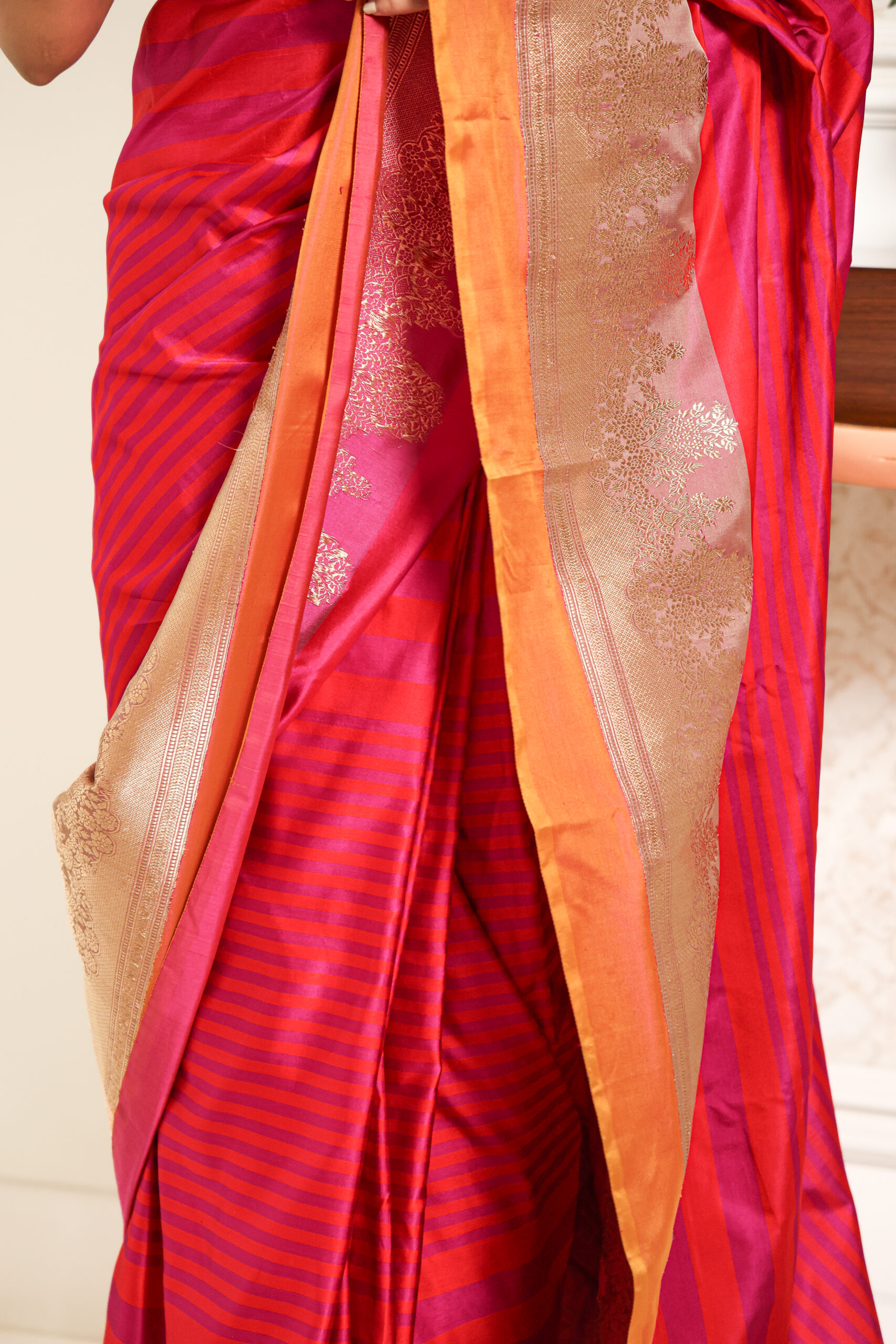 Rajnigandha – Red & Hot Pink Pure Katan Silk Saree with Satin Stripes - Image 5