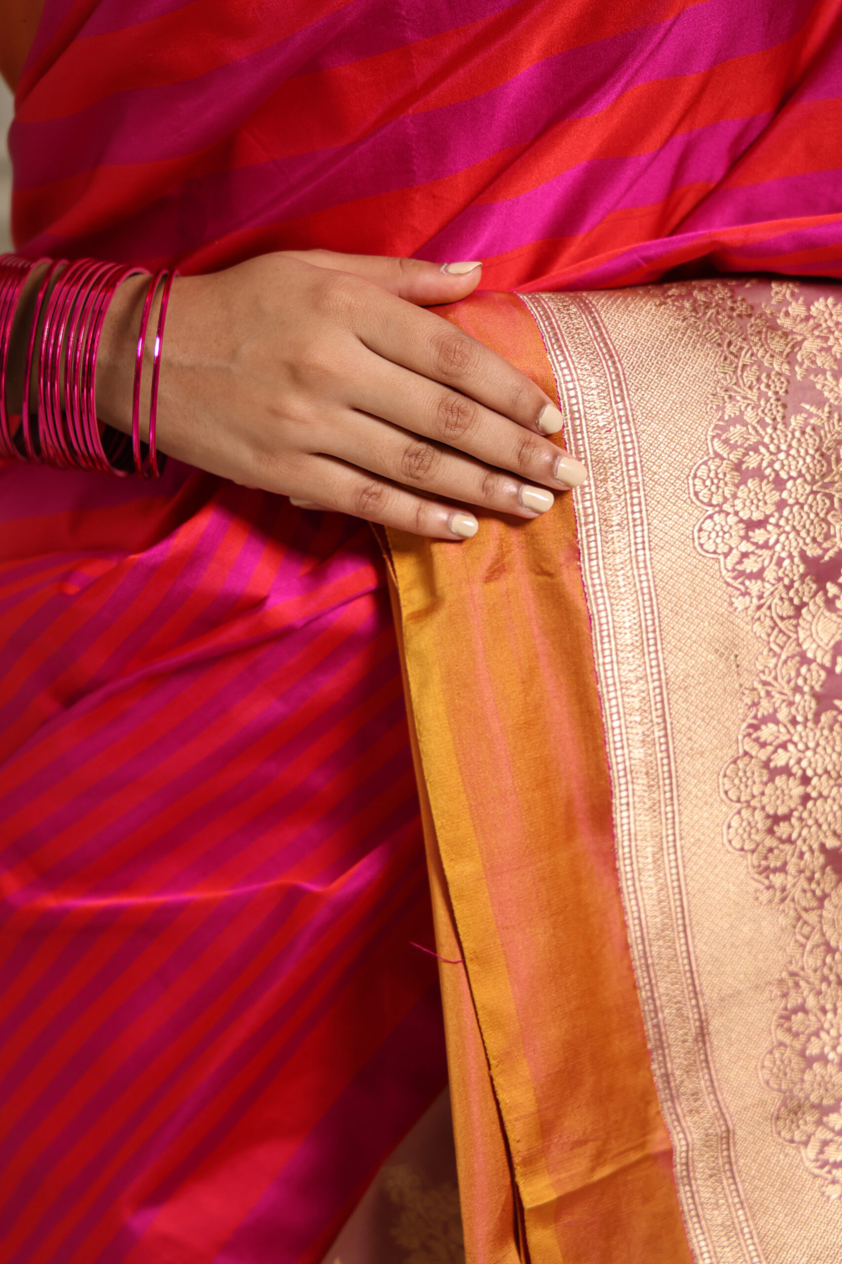 Rajnigandha – Red & Hot Pink Pure Katan Silk Saree with Satin Stripes - Image 6