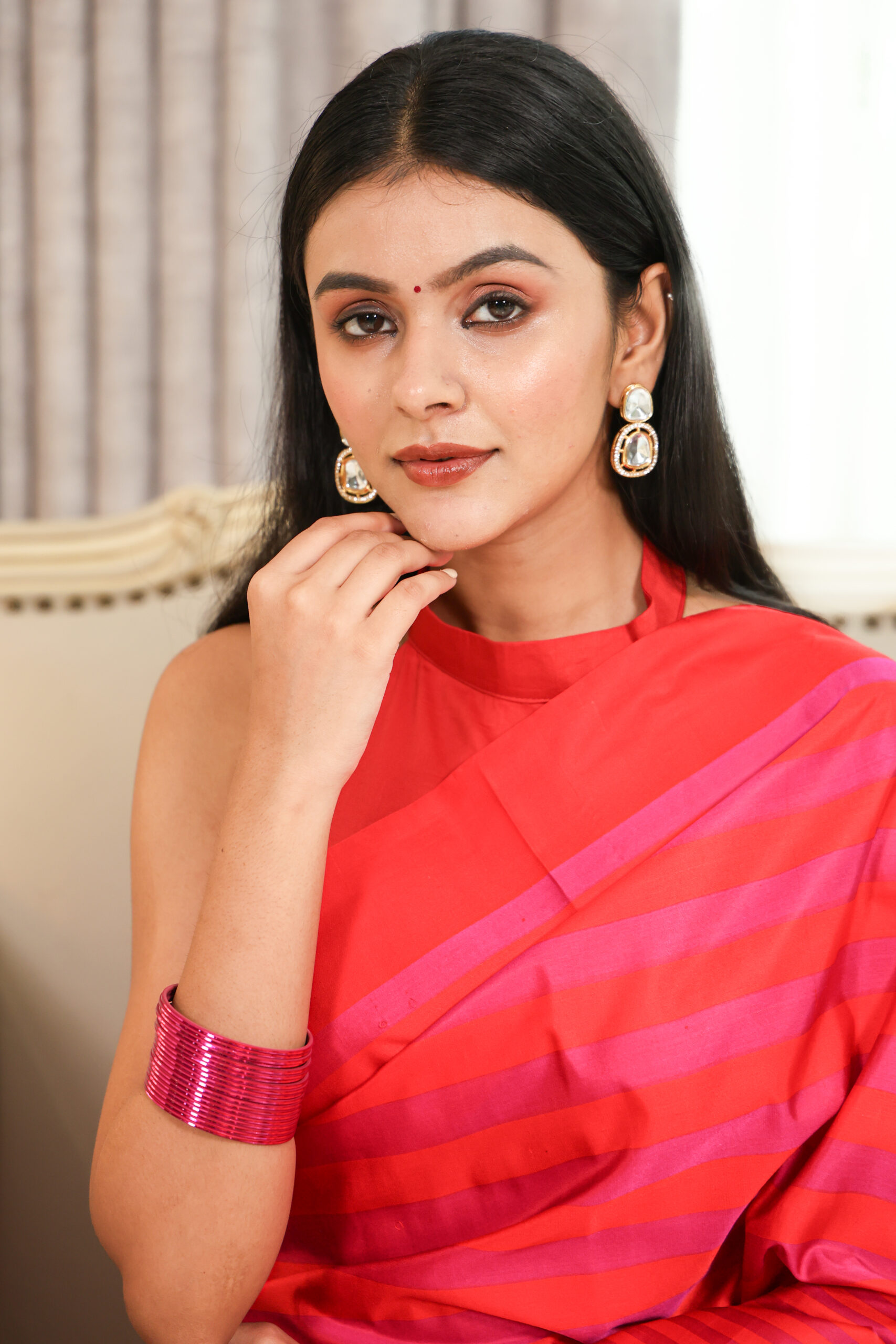 Aarzoo – Red and Hot Pink Pure Katan Silk Saree with Satin Stripes - Image 4