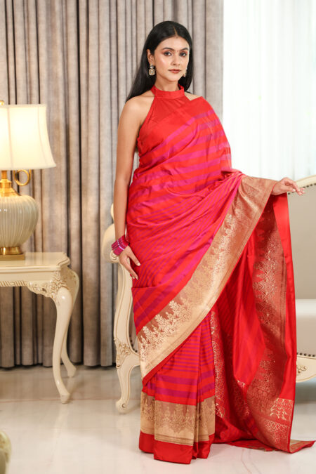 Aarzoo – Red and Hot Pink Pure Katan Silk Saree with Satin Stripes