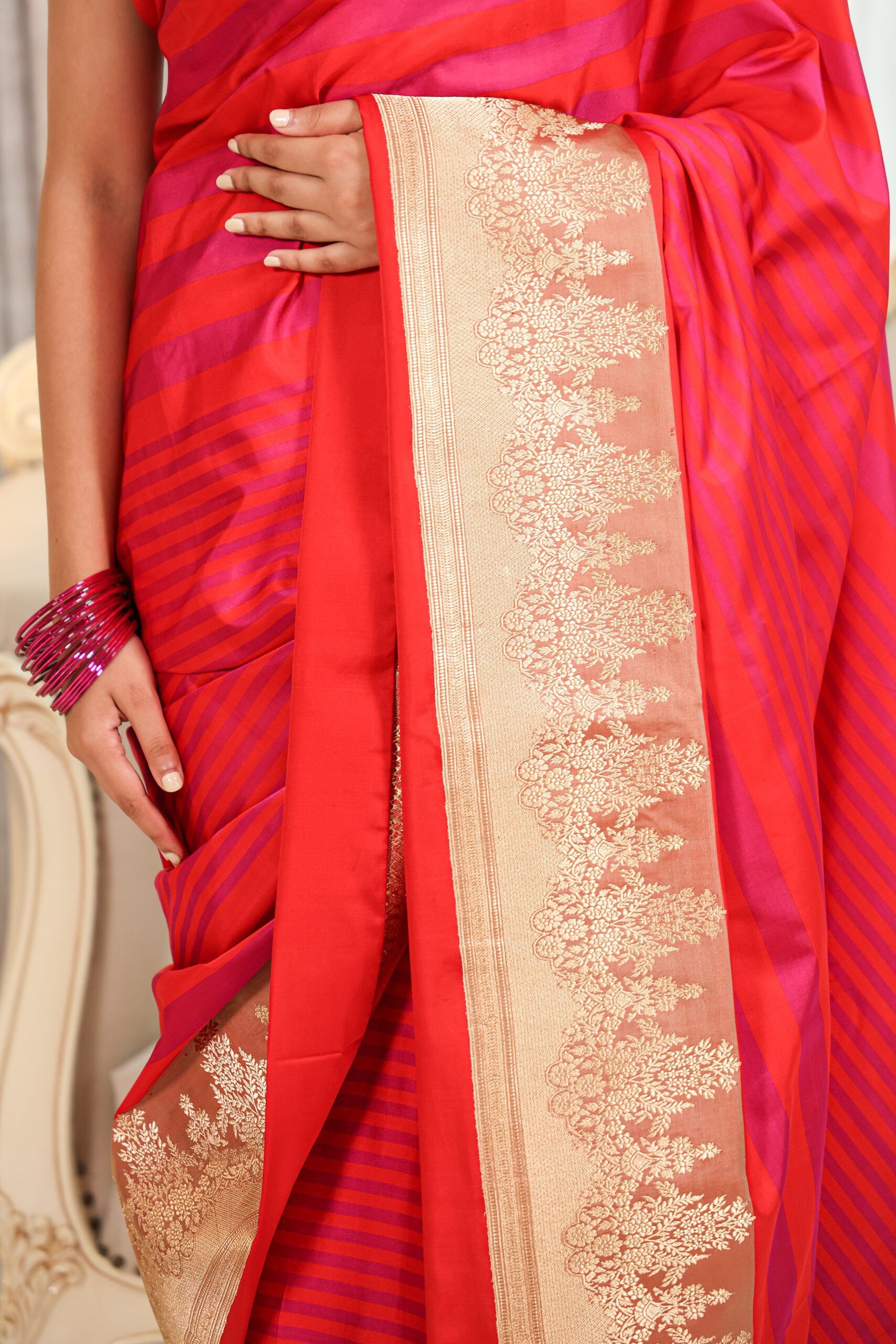 Aarzoo – Red and Hot Pink Pure Katan Silk Saree with Satin Stripes - Image 6